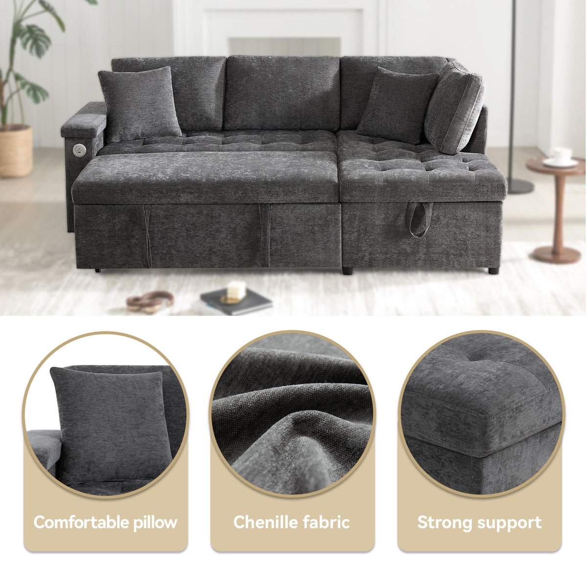 MERAX Canapé d'angle droit convertible 3 places tissu coffre de rangement