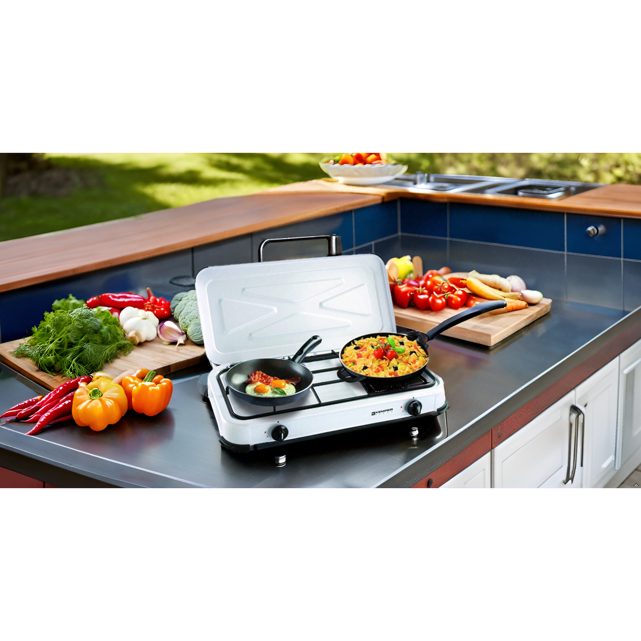 Voir la diapositive 2 : Kemper Réchaud gaz portable 2 feux 2600W Blanc laqué Couvercle Plaque de cuisson KEMPER