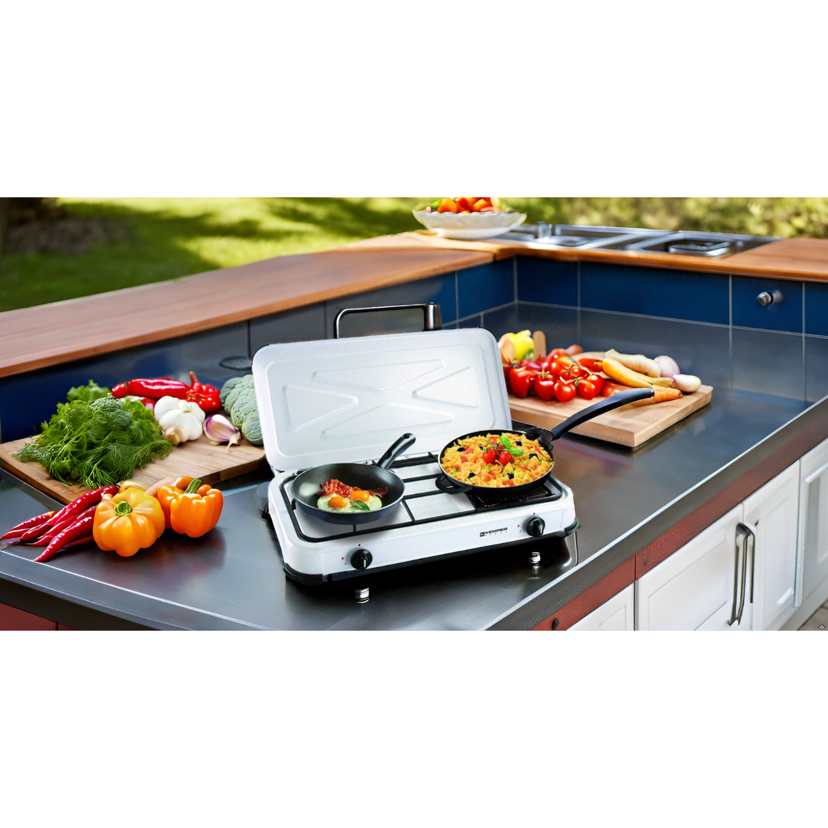 Kemper Réchaud gaz portable 2 feux 2600W Blanc laqué Couvercle Plaque de cuisson KEMPER