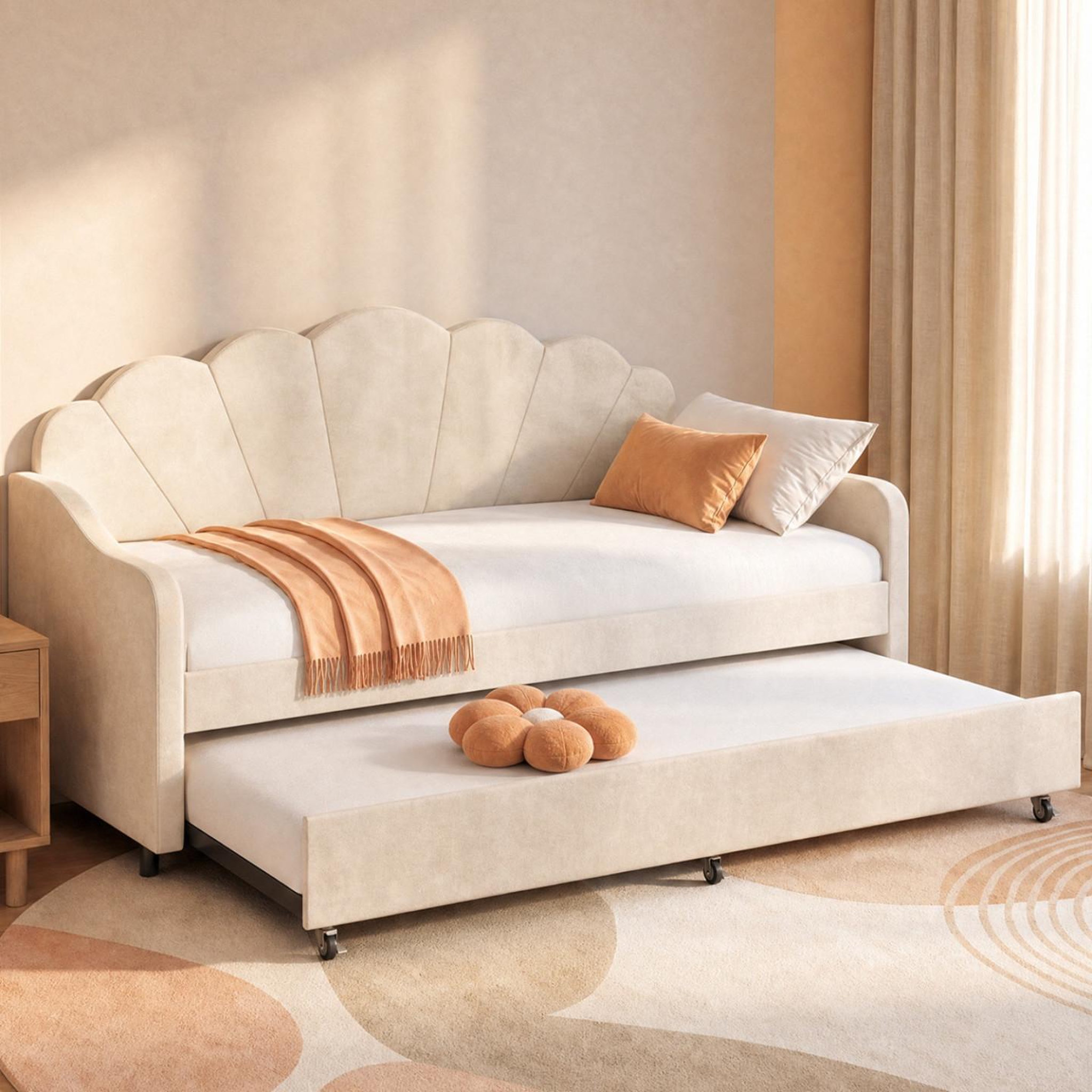 Voir la diapositive 2 : ID MARKET Lit banquette gigogne coquillage amanda 2 x 90 x 190 cm avec 2 sommiers velours beige