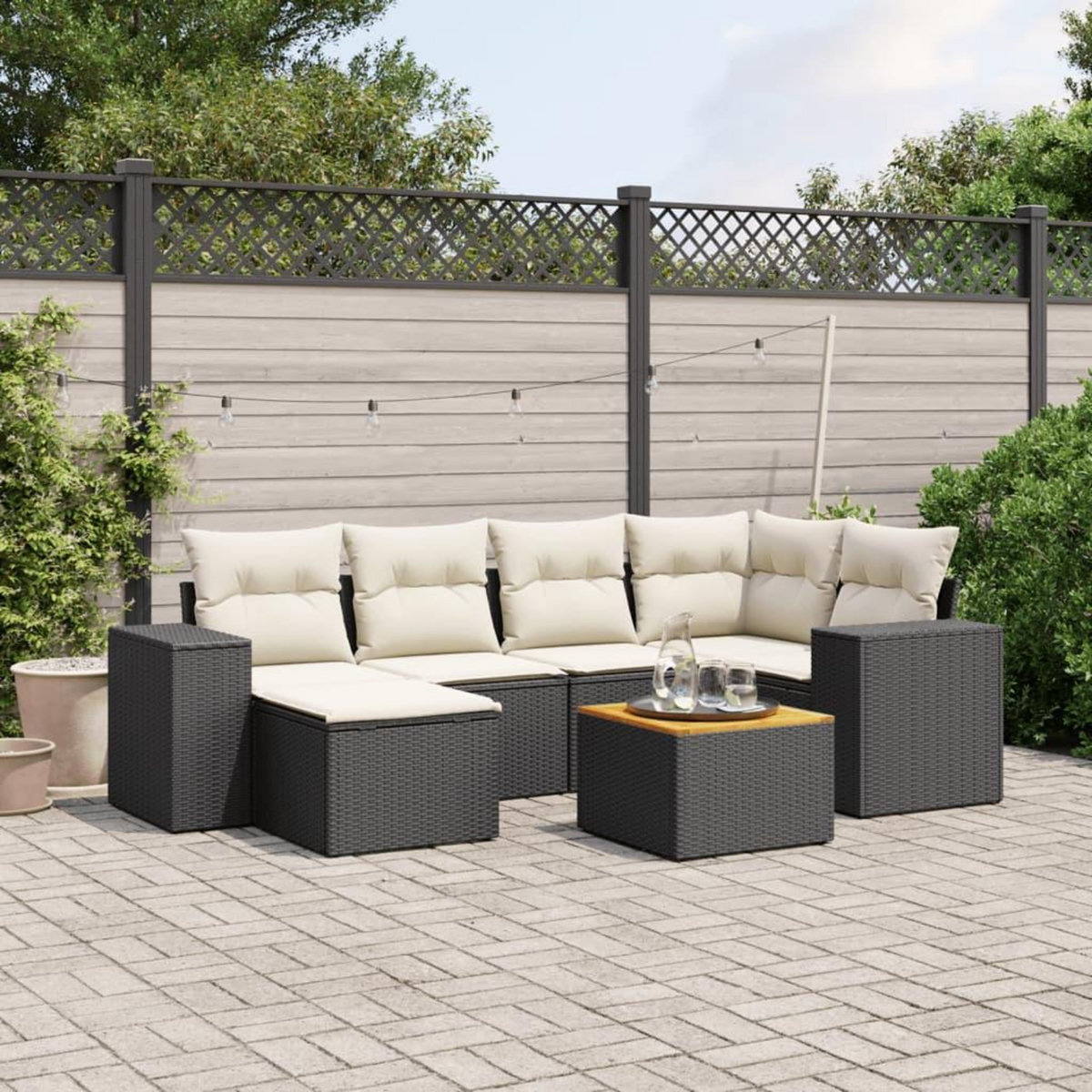 VIDAXL Salon de jardin 7 pcs avec coussins noir resine tressee