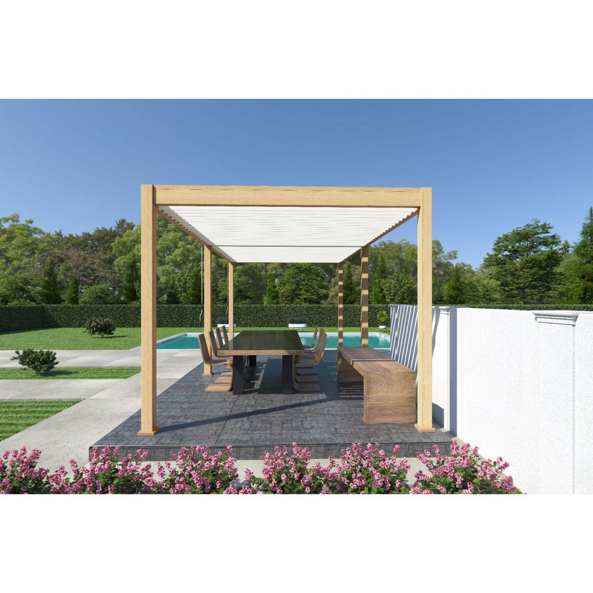 Pergola Bioclimatique autoportée 3x6 m - Aluminium - Effet  bois naturel/blanc -  VS OmBREA®