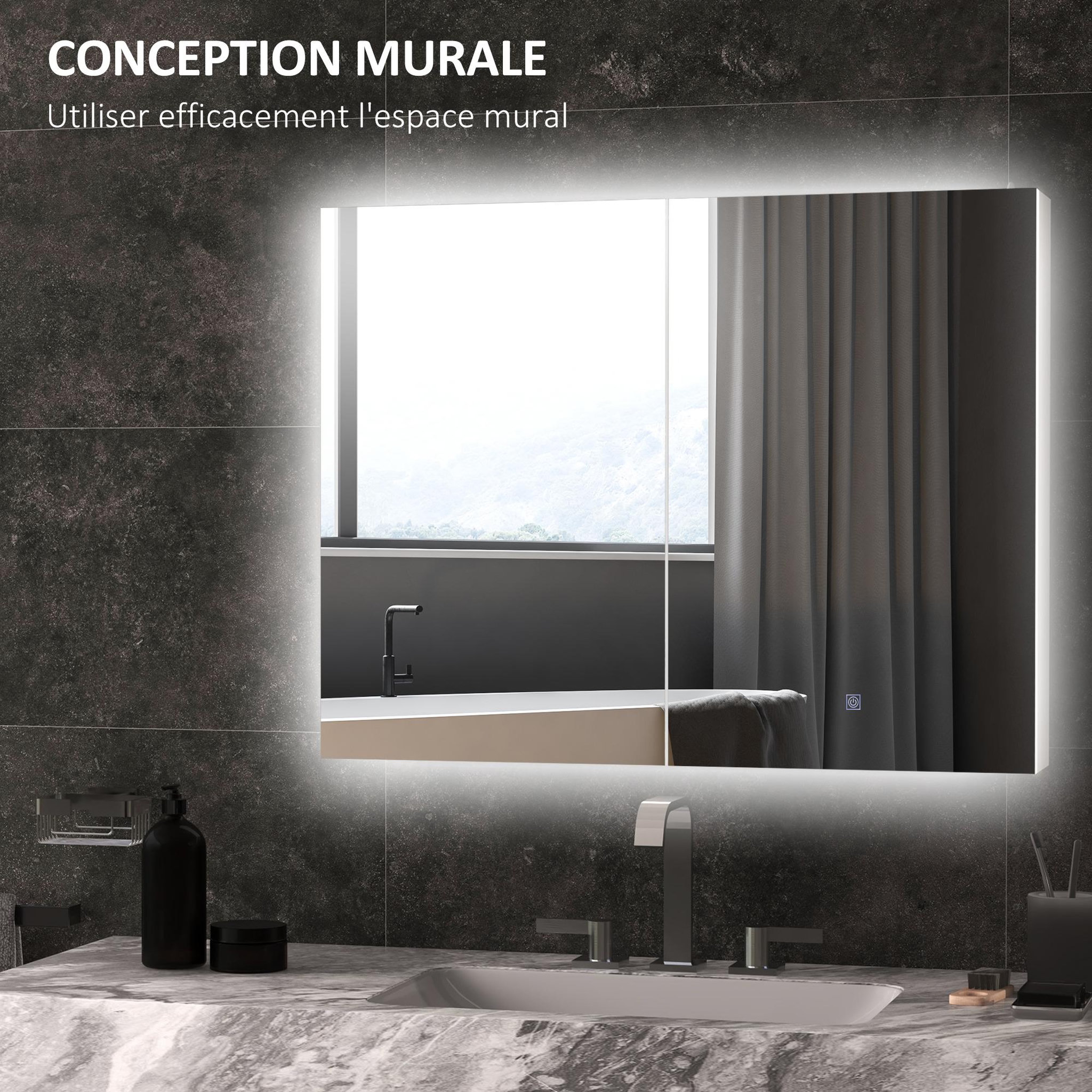 Voir la diapositive 6 : KLEANKIN Armoire miroir led de salle de bain - 2 portes, 2 étagères - tactile, lumière réglable - mdf blanc laqué verre