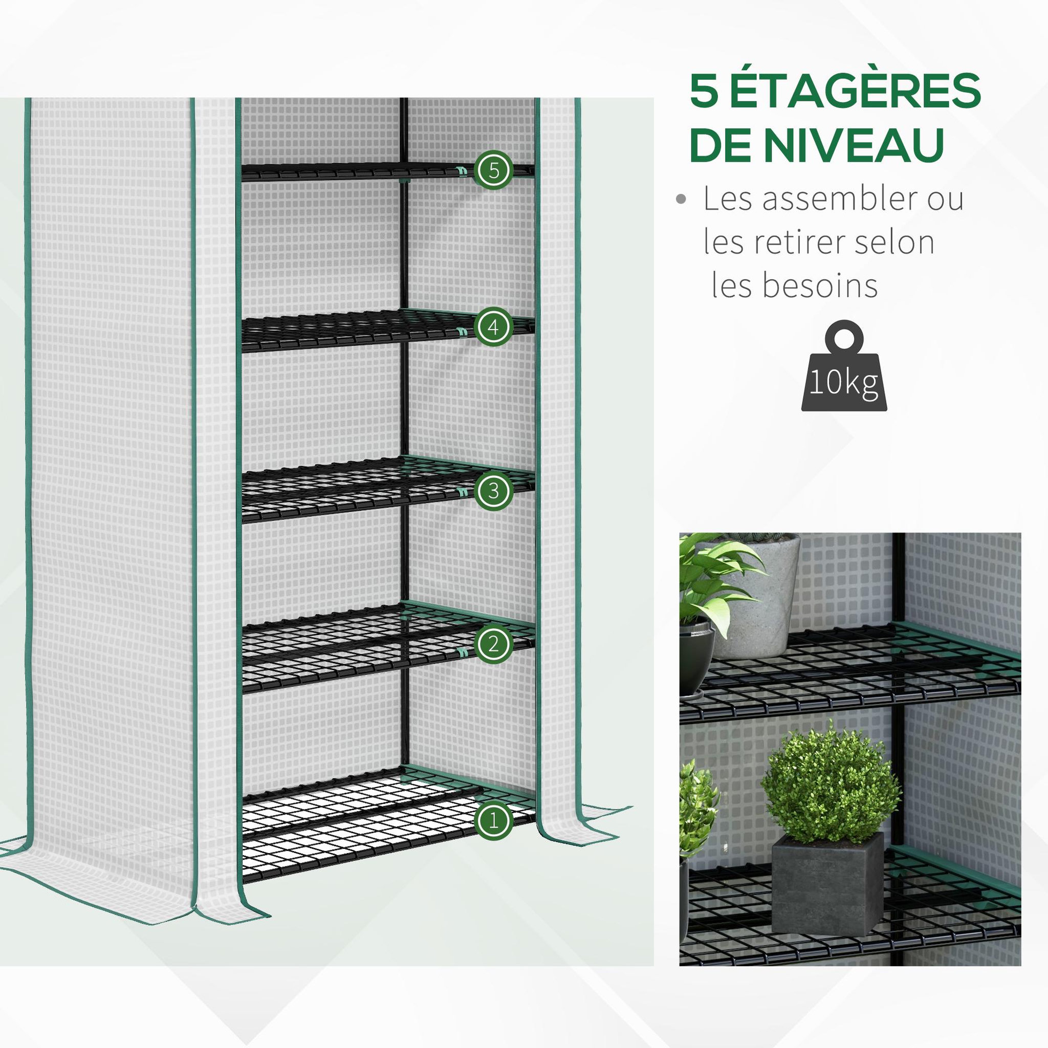 Voir la diapositive 5 : OUTSUNNY Serre de jardin balcon 5 niveaux porte acier PE blanc