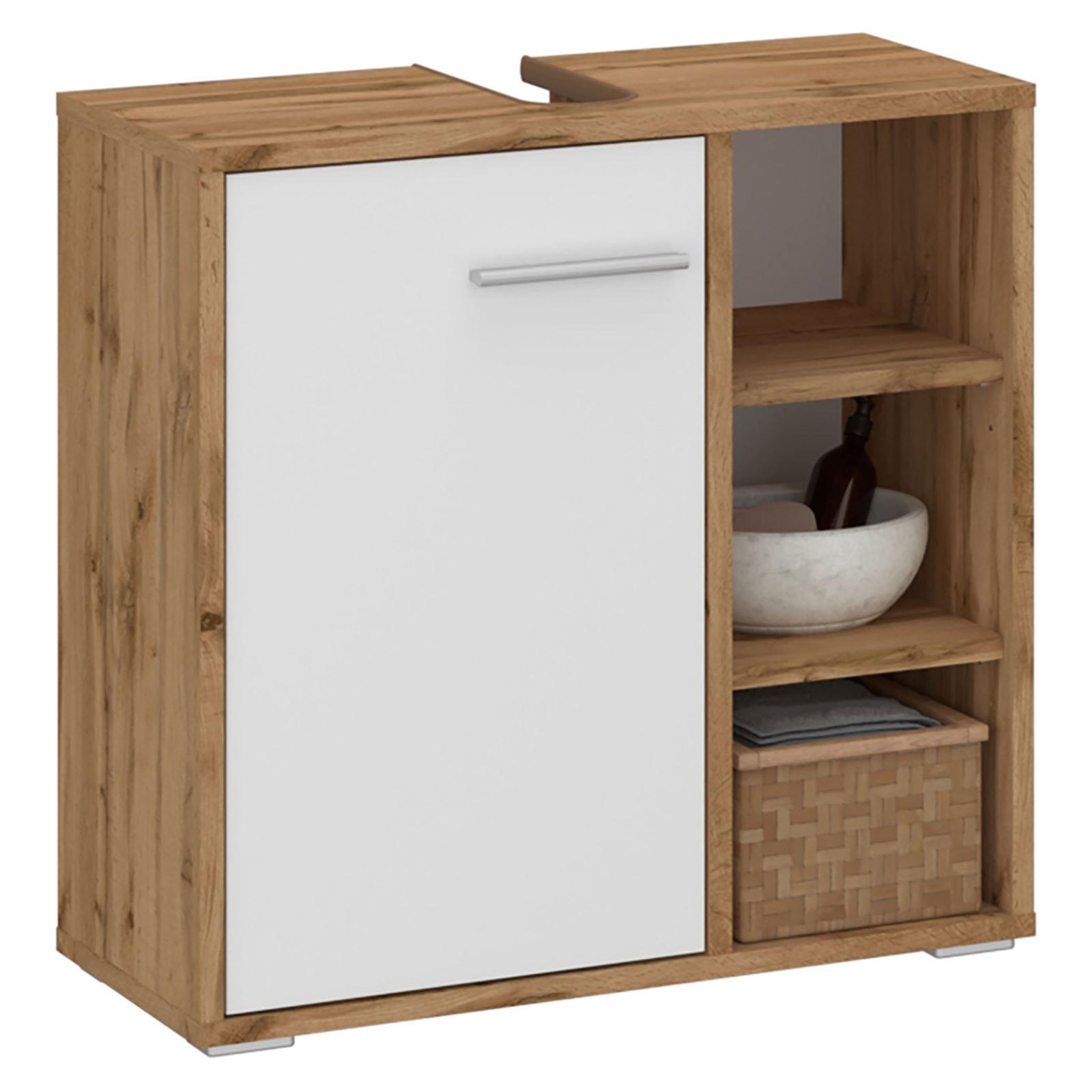 Voir la diapositive 1 : IDIMEX Meuble sous lavabo nistos avec 1 porte et 3 étagères