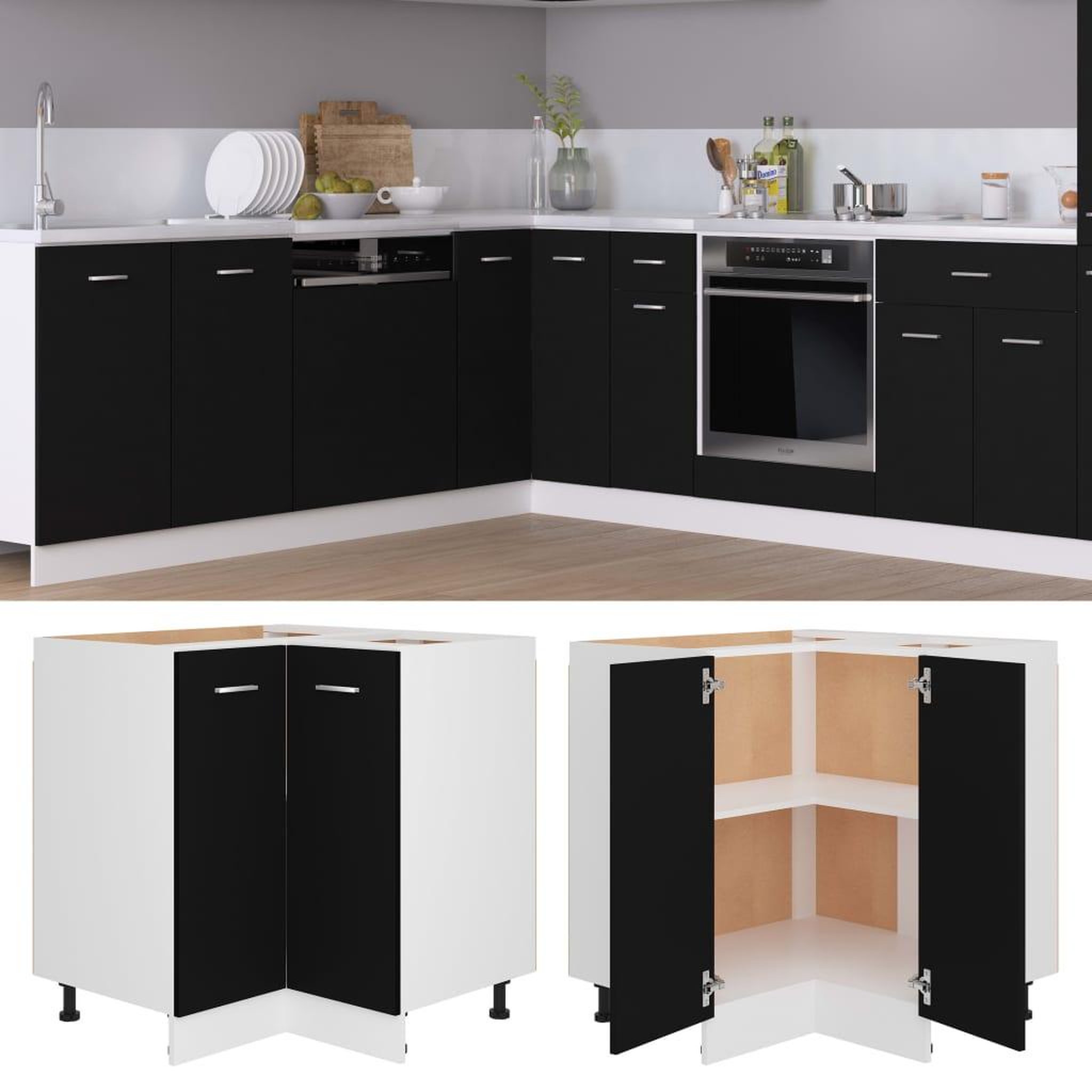 Voir la diapositive 1 : VIDAXL Armoire de plancher d'angle noir 75,5x75,5x81,5 cm bois