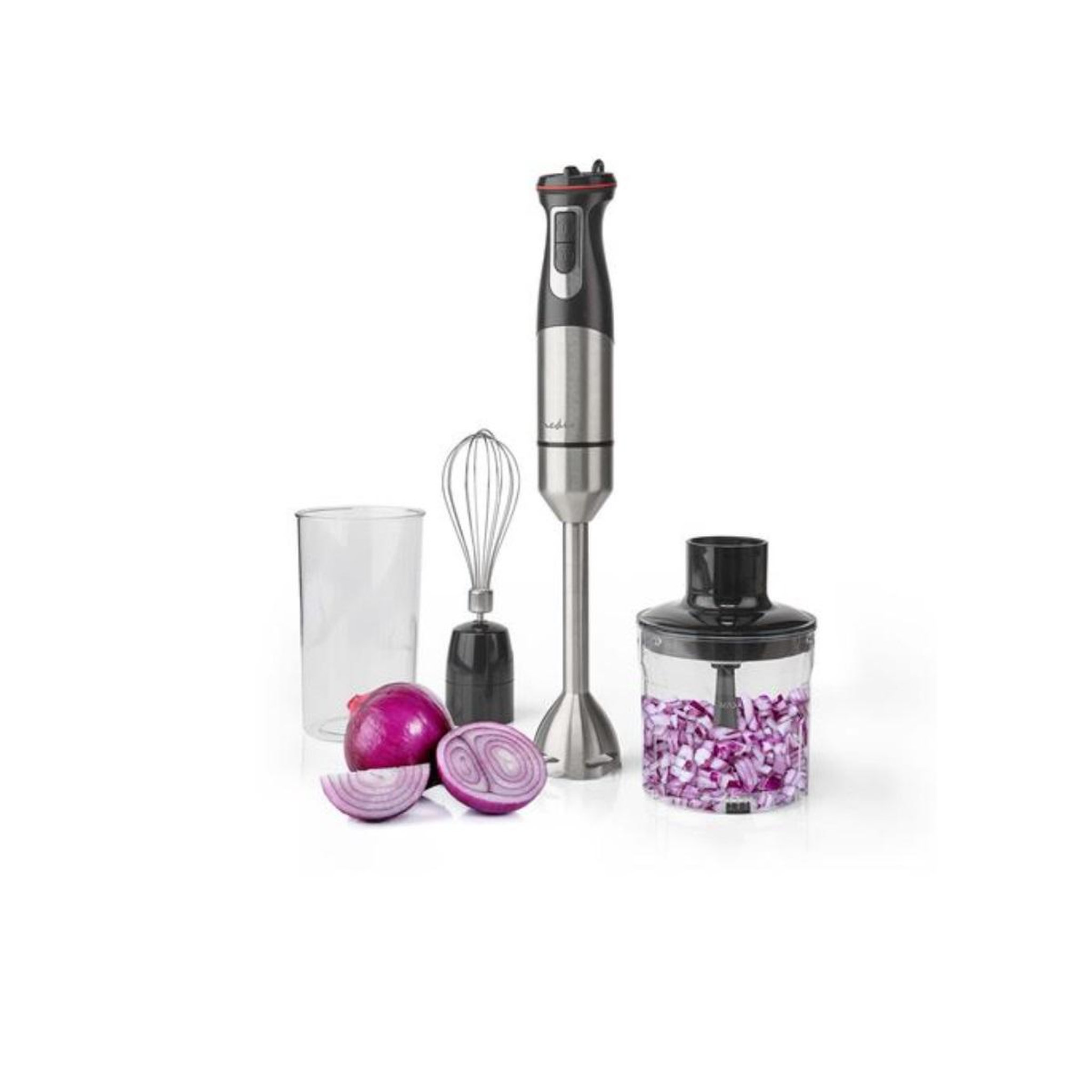 Voir la diapositive 2 : NEDIS Mixeur plongeant multifonction 800w aluminium /noir - kahb400cal