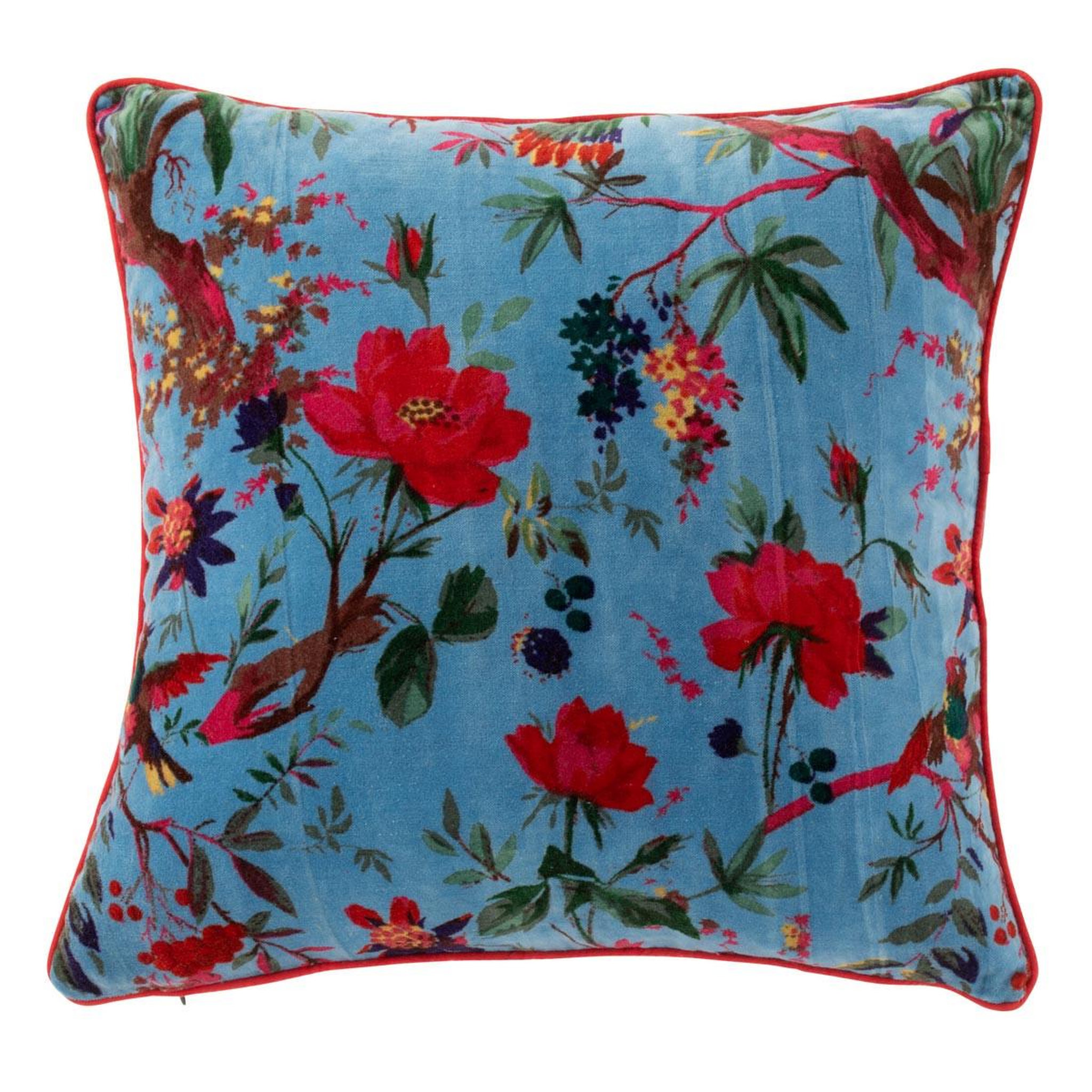J-LINE Coussin déco en velours  oiseaux fleurs  45x45cm bleu