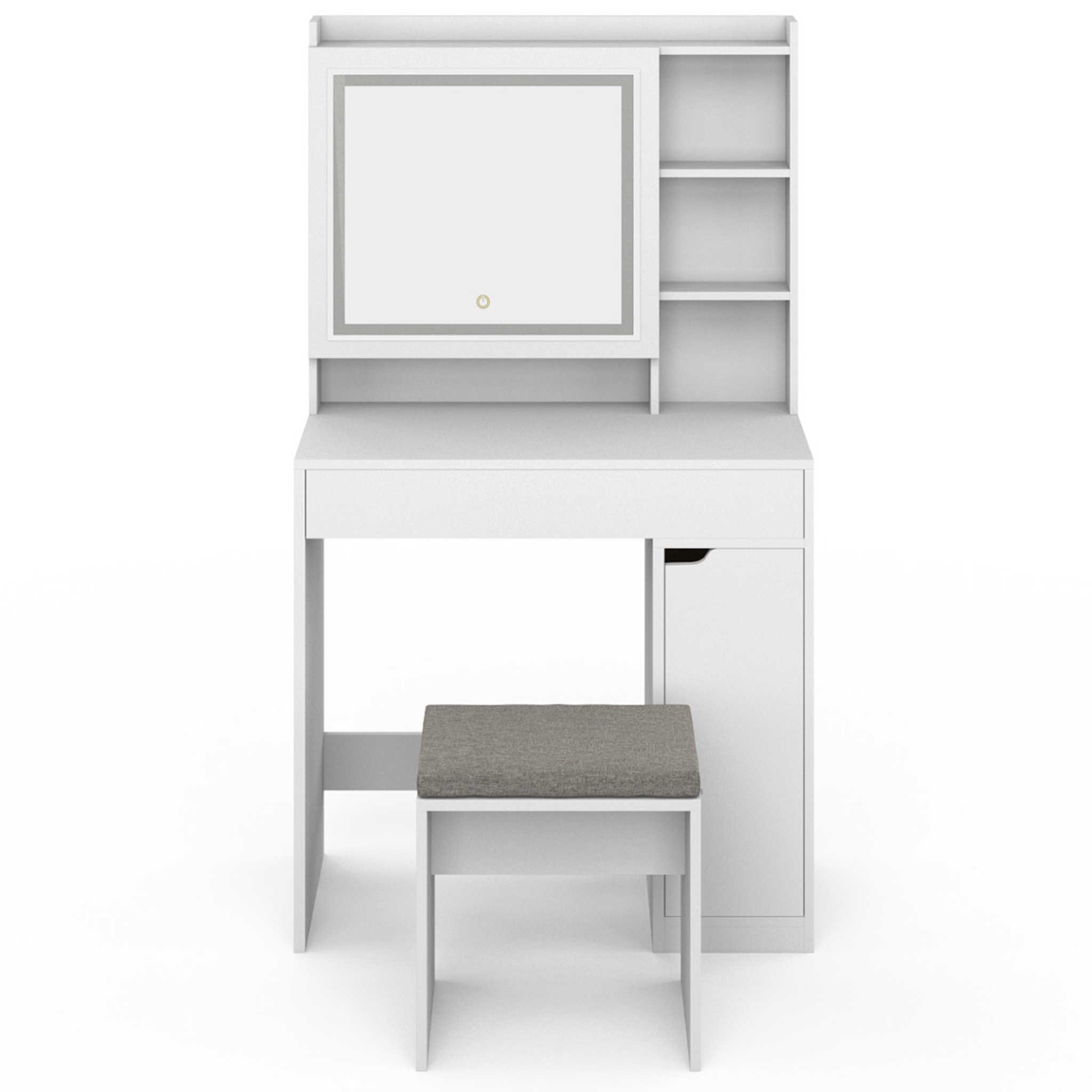 Voir la diapositive 3 : ID MARKET Coiffeuse zelia blanche miroir led avec rangement, 1 tiroir, 1 caisson de rangement et tabouret rembourré