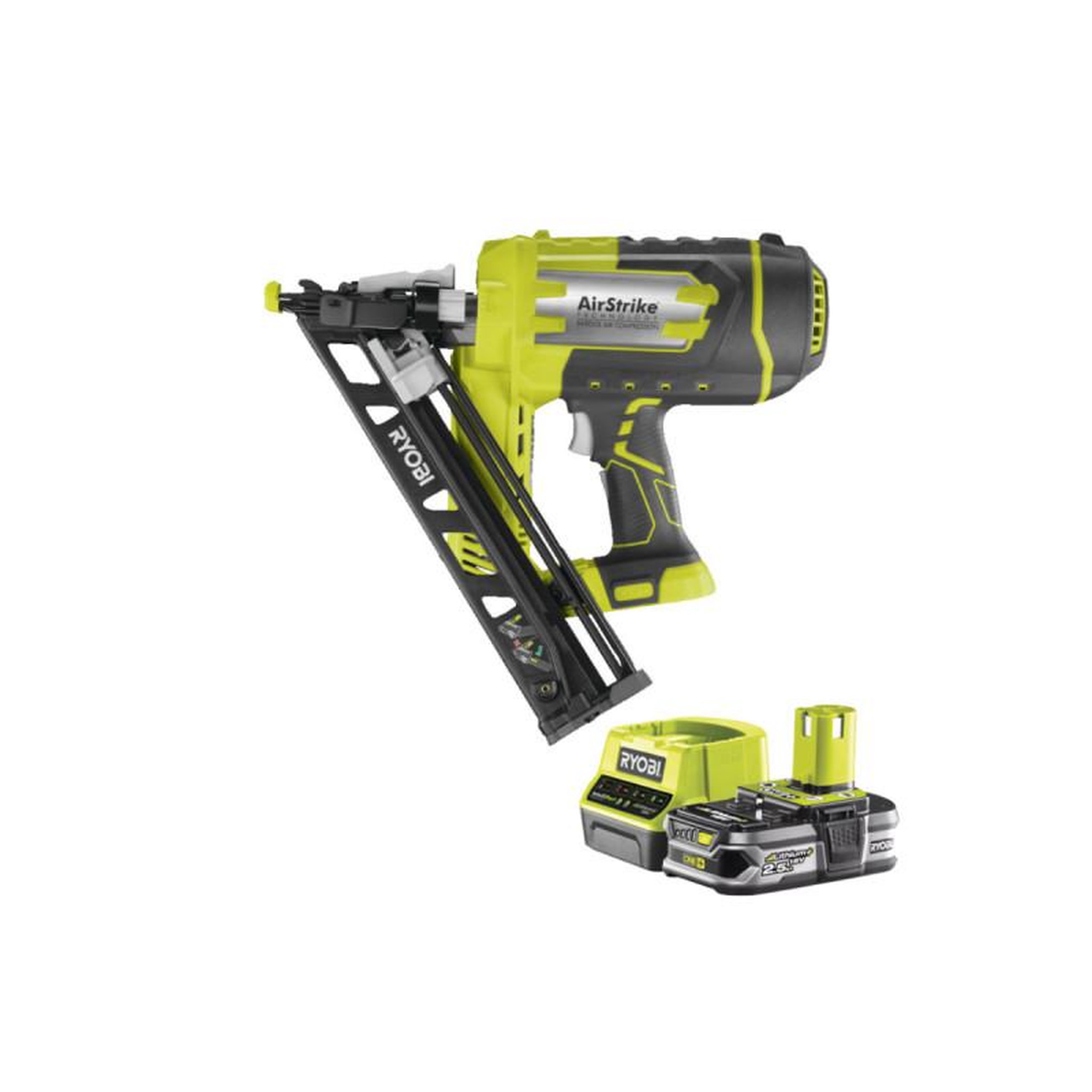 Ryobi Pack RYOBI Cloueur de finition incliné à air comprimé 18V One+ R15GN18-0 - 1 Batterie 2.5Ah - 1 Cha