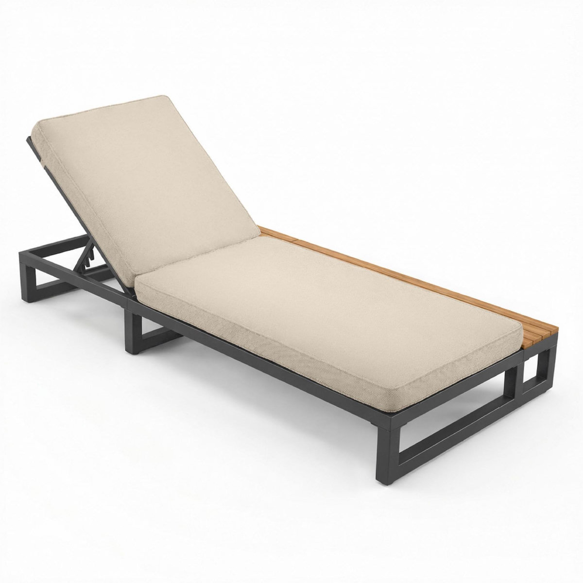 MERAX Bain de soleil 1 place en métal et bois avec dossier réglable et coussin, droite