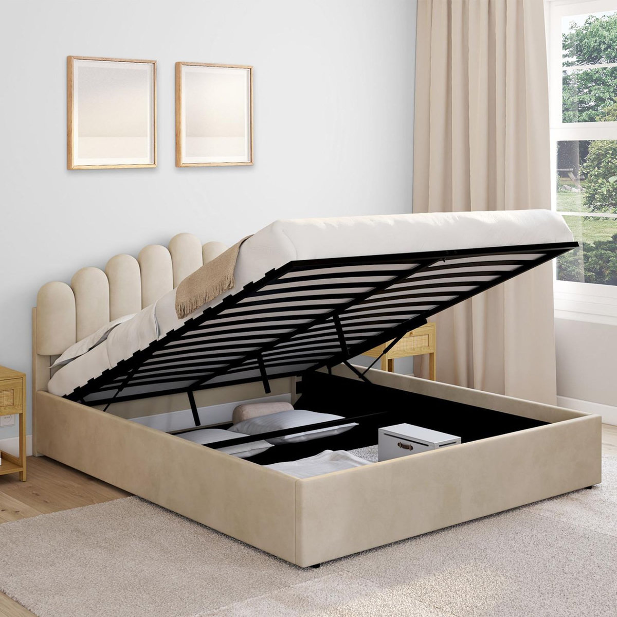 ID MARKET Lit coffre double NOELIE avec tête de lit et sommier 160 x 200 cm velours beige