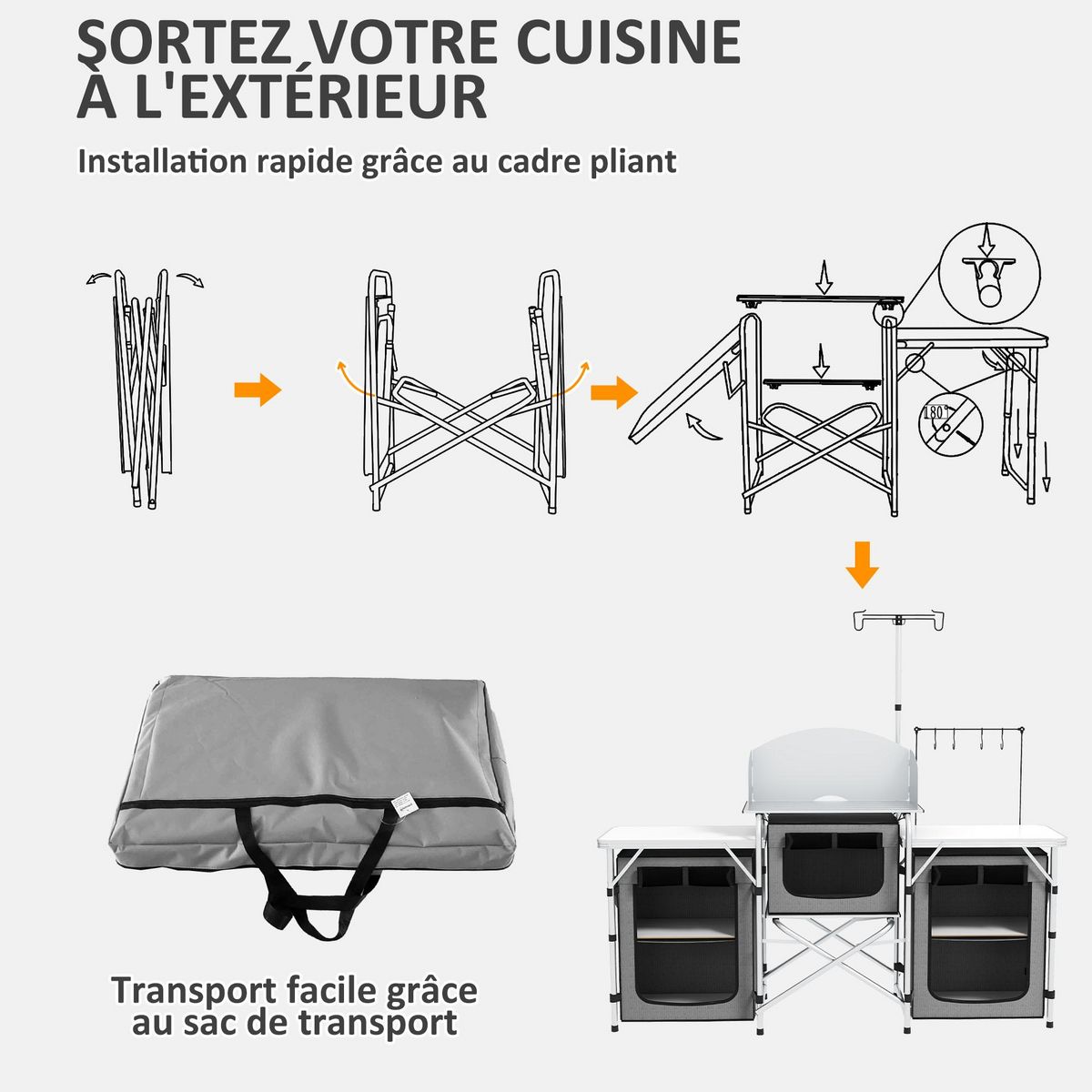OUTSUNNY Meuble de cuisine camping multi-rangement pliable sac de transport inclus gris