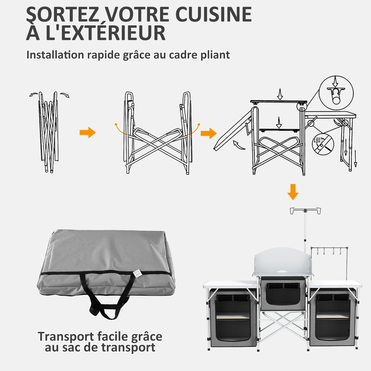 OUTSUNNY Meuble de cuisine camping multi-rangement pliable sac de transport inclus gris