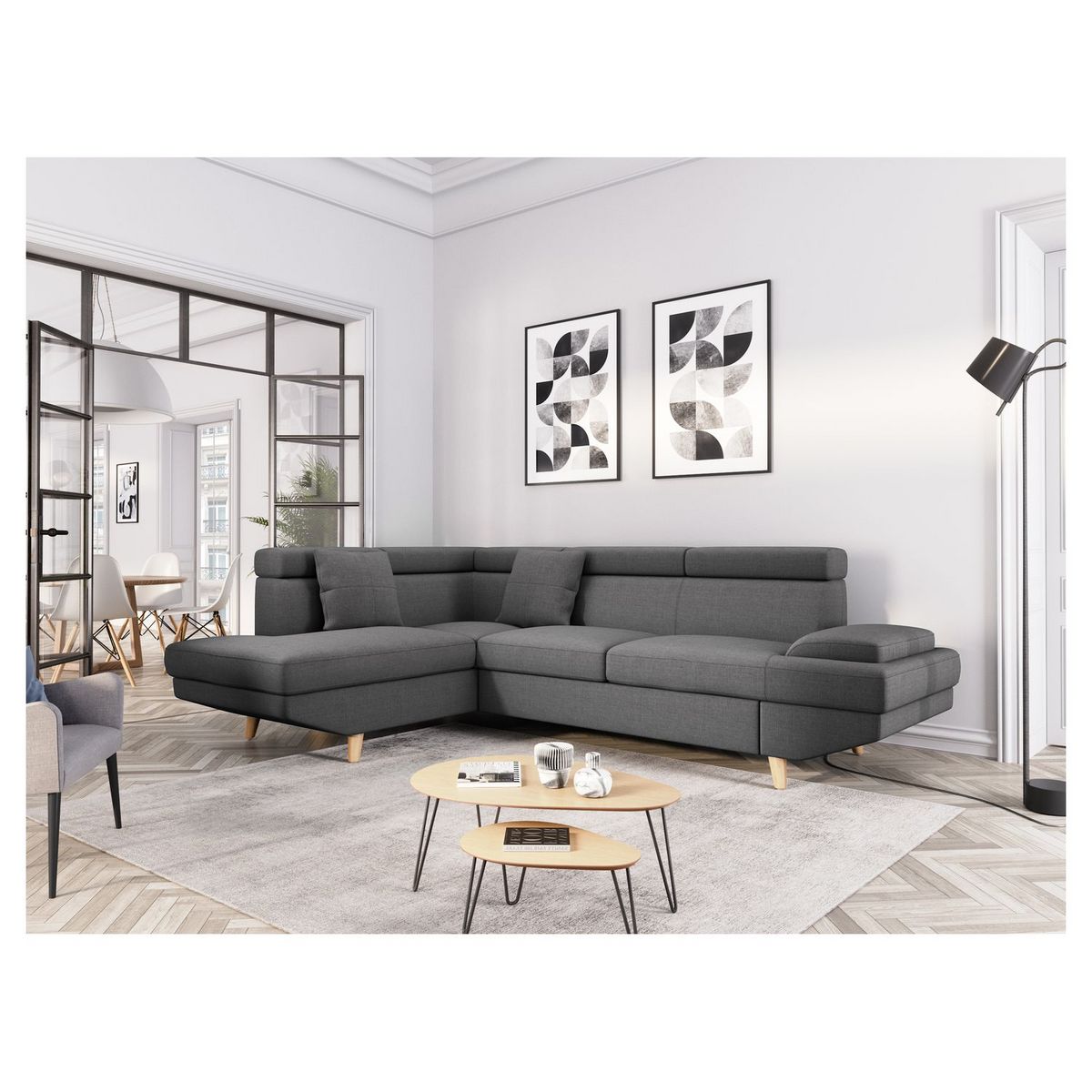 Canapé d'angle gauche convertible 5 places tissu pieds bois clair MARIUS 