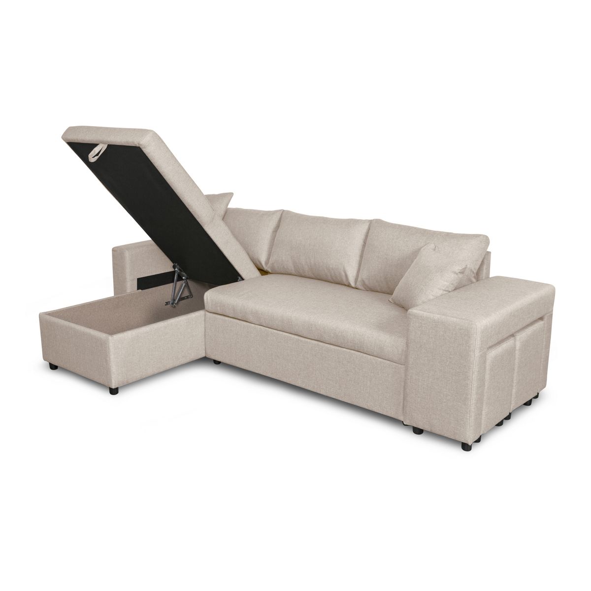 Canapé d'angle réversible convertible avec coffre + 2 poufs avec niche fixe à droite ANETTA