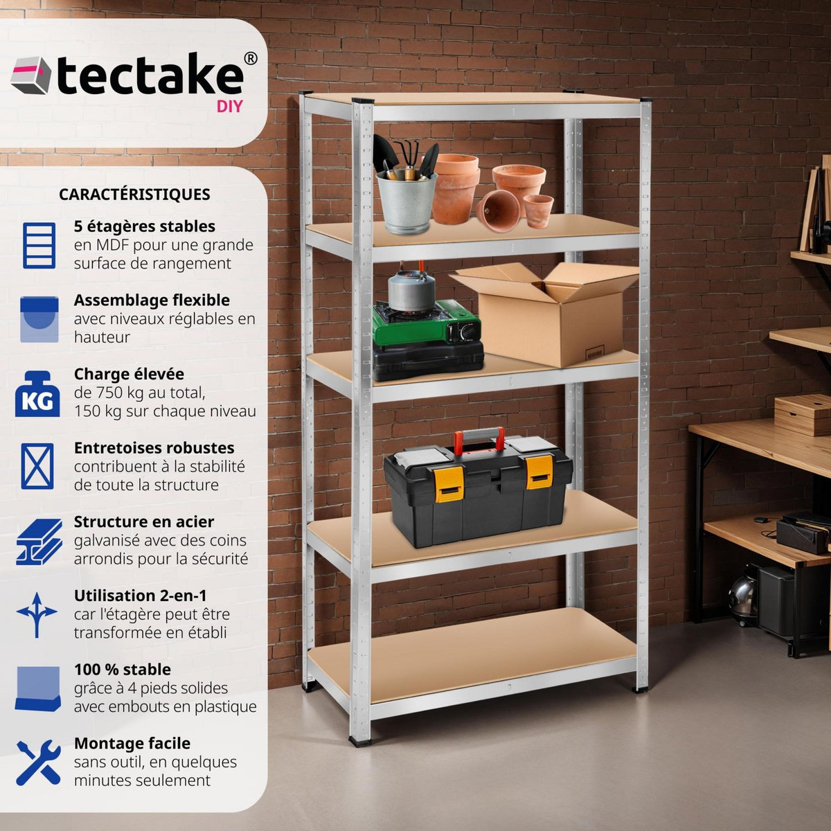 tectake Étagère pour charges lourdes structure en acier galvanisé argent 180 x 90 x 40 cm, 750 kg
