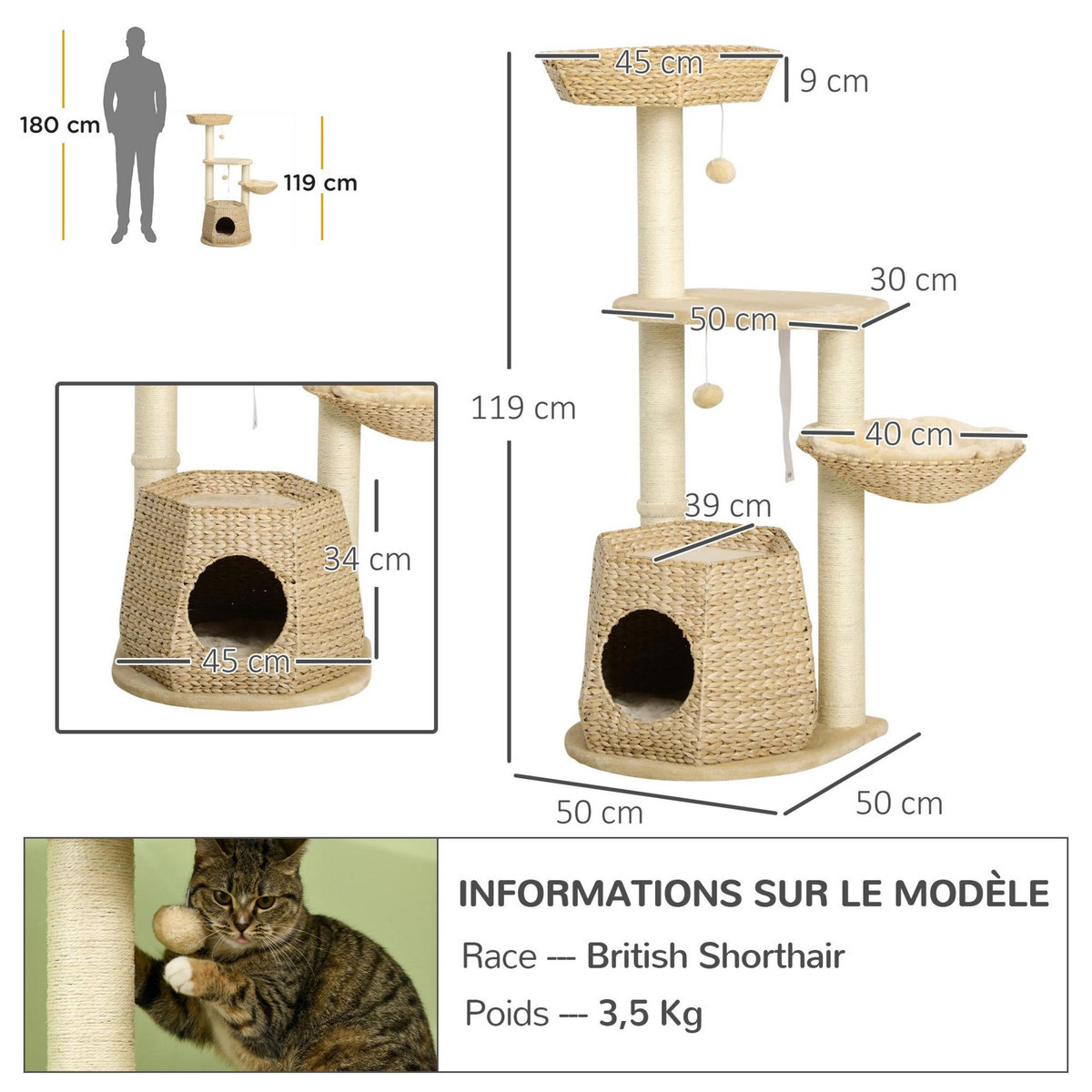 PAWHUT Arbre à chat style cosy chic griffoirs sisal naturel niche 2 paniers avec coussins plateforme 2 boules suspendues quenouille peluche courte crème beige