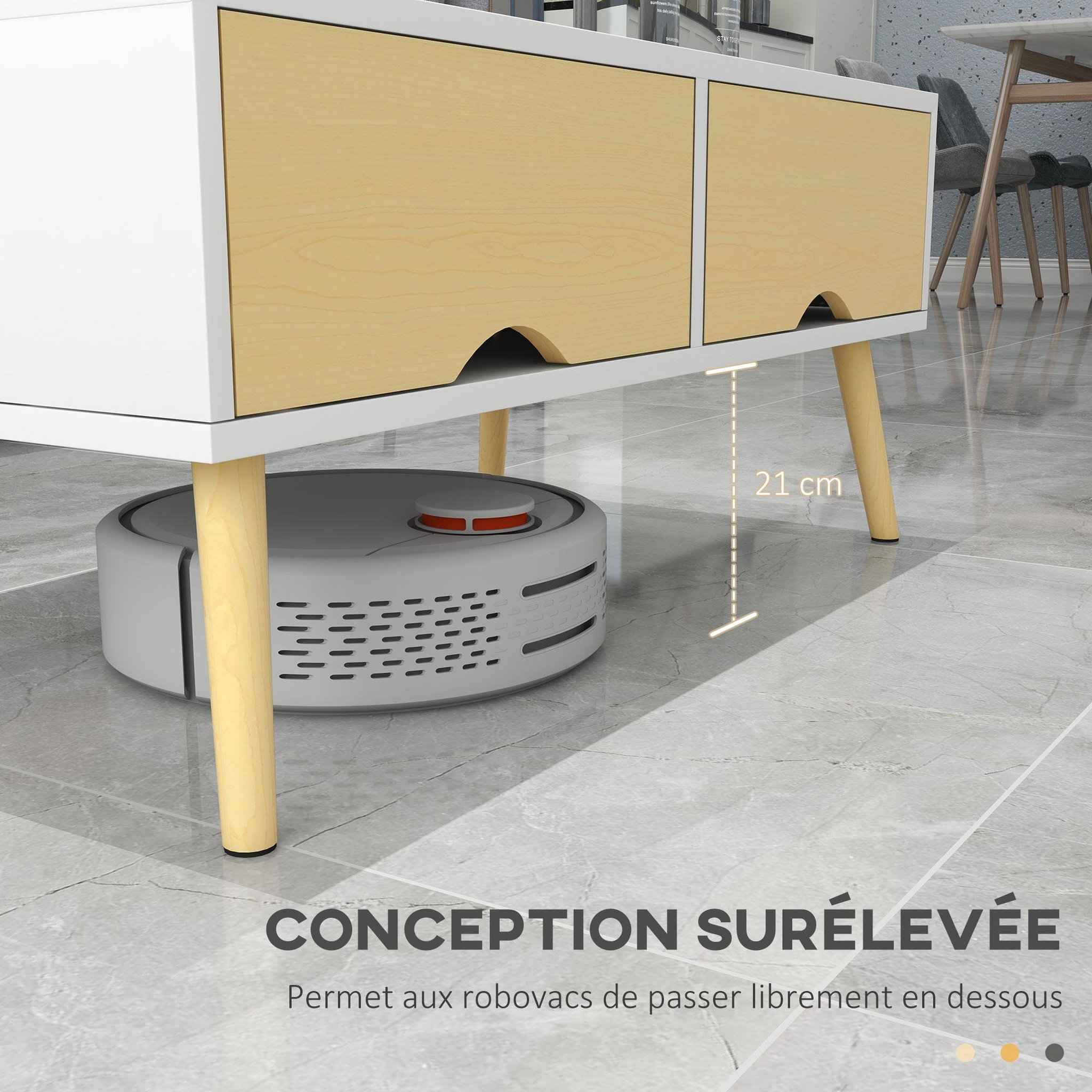 Voir la diapositive 5 : HOMCOM Table basse rectangulaire design scandinave 2 tiroirs coulissants grande niche piètement bois pin blanc aspect bois clair