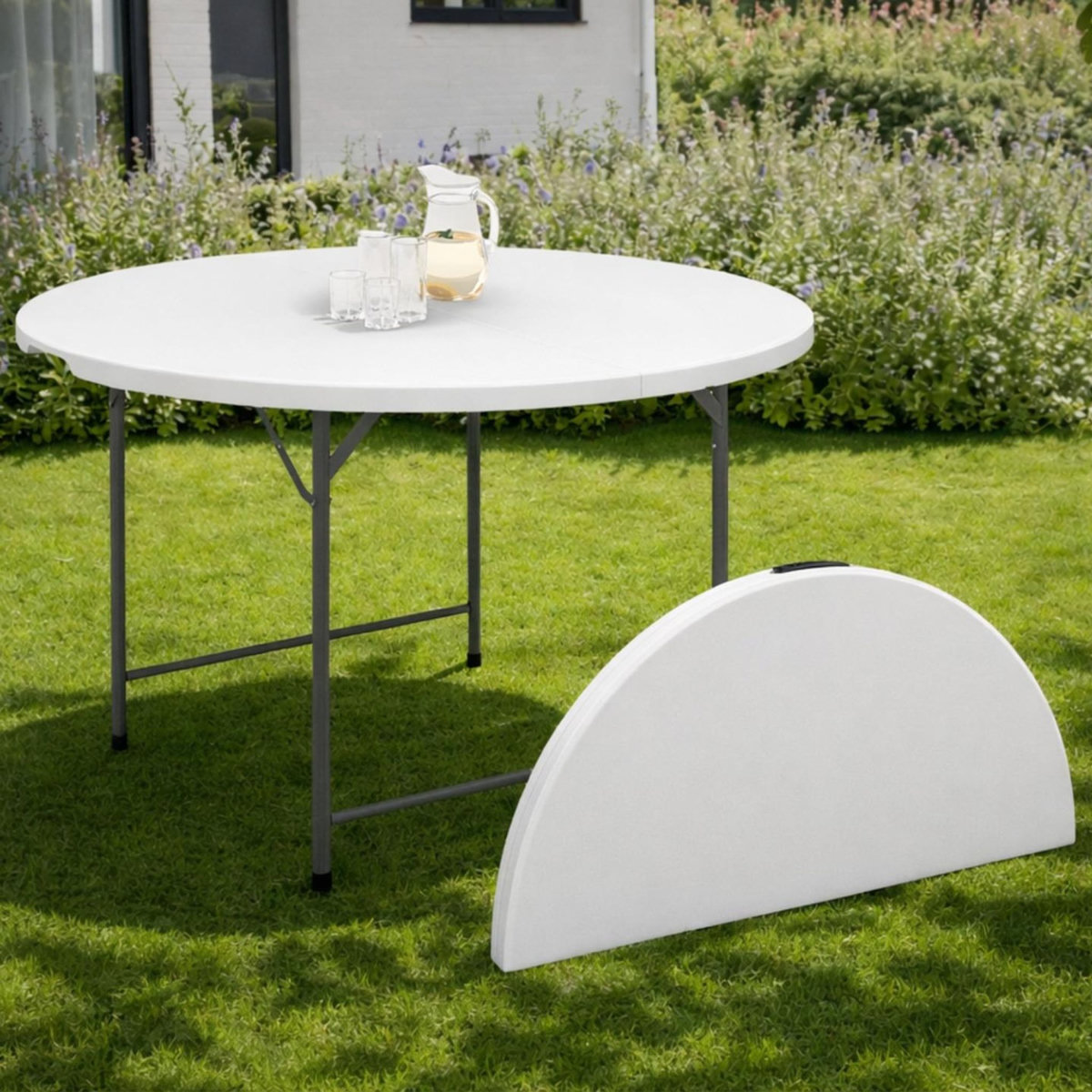 ID MARKET Table pliante d'appoint portable ronde 122 cm  camping ou réception avec housse blanche