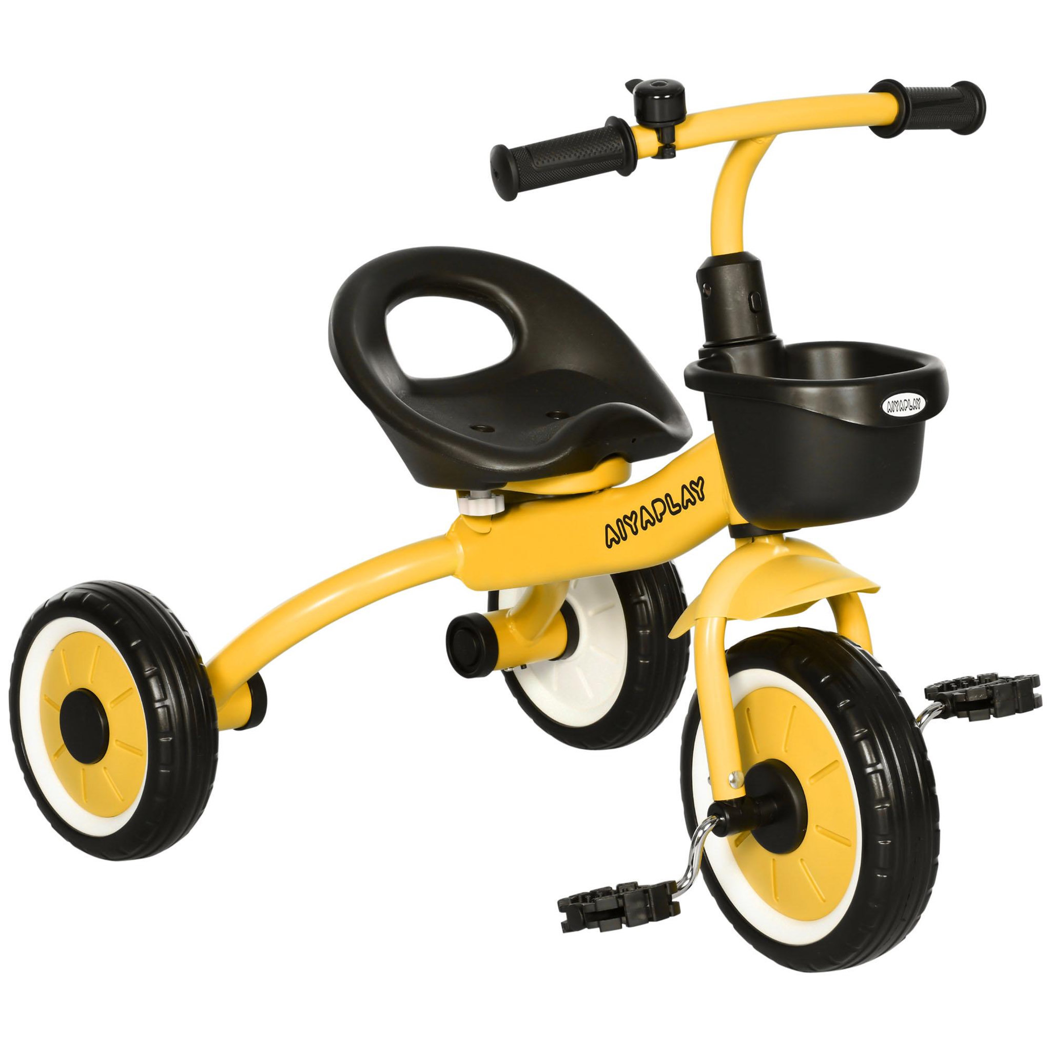 Voir la diapositive 1 : HOMCOM Tricycle enfant multi-équipé garde-boue sonnette panier pédales antidérapantes siège réglable avec dossier métal jaune