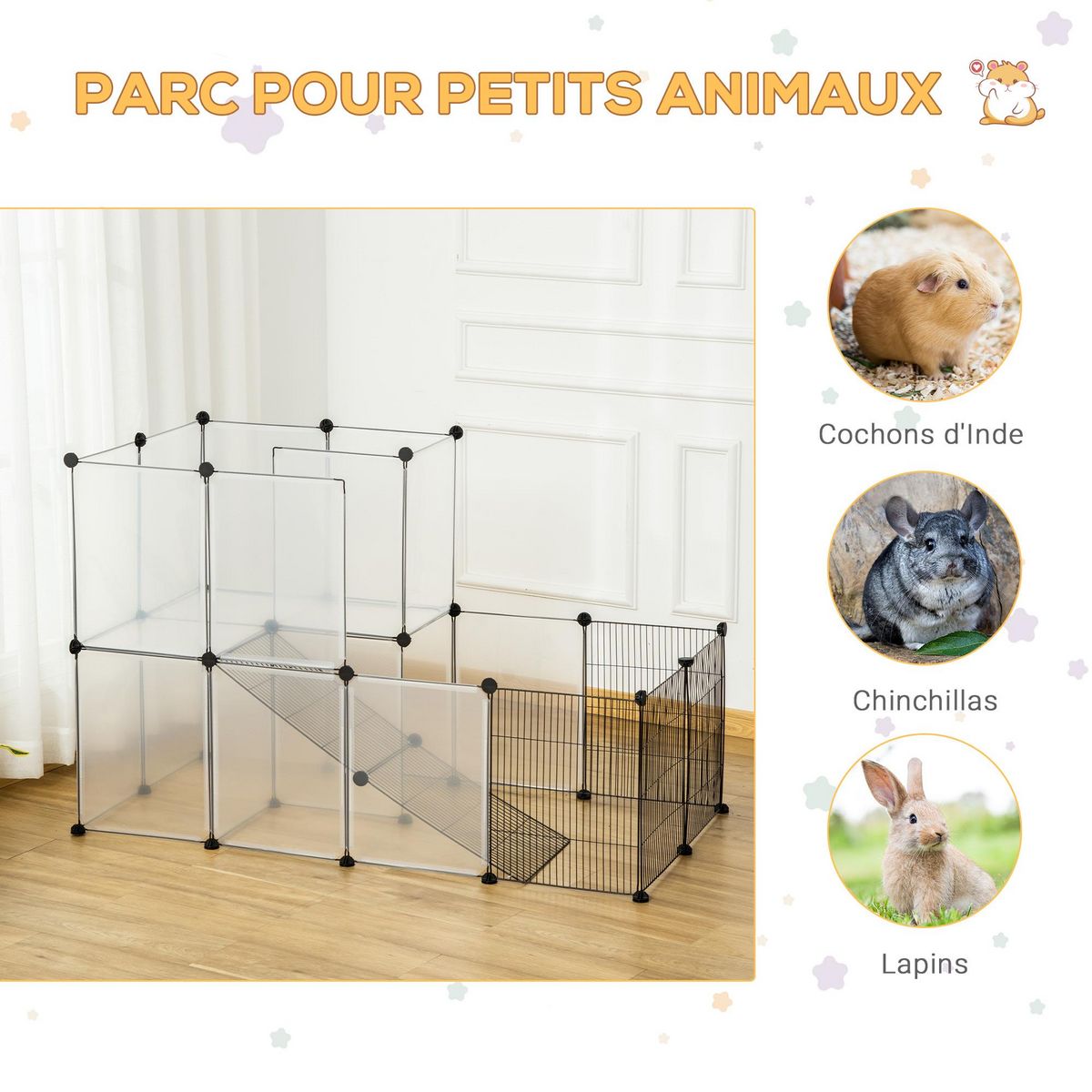 PAWHUT Cage parc enclos modulable rongeurs 2 niveaux 27 panneaux fil métallique noir PP transparent