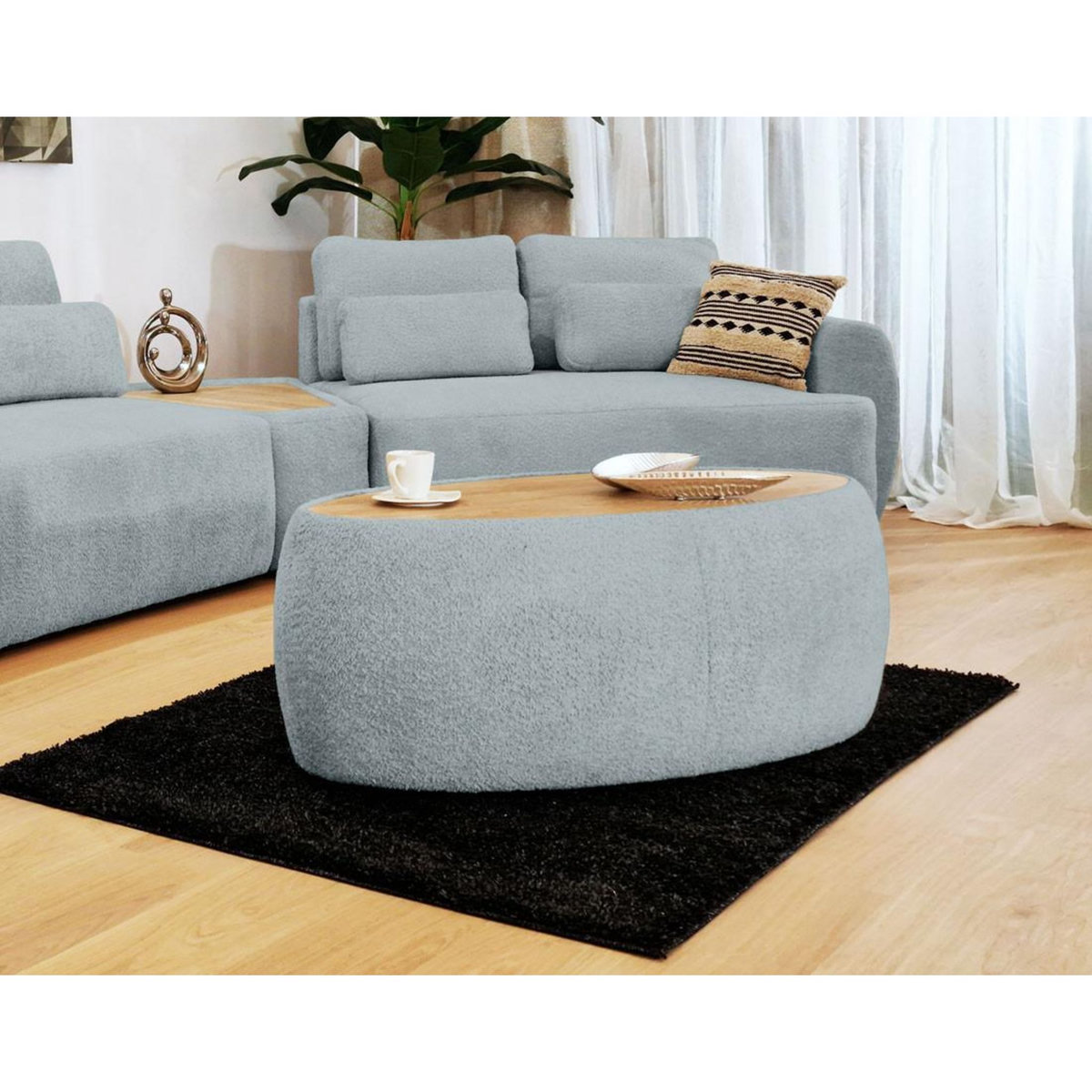 BEST MOBILIER Mahina - table basse ovale - en tissu bouclette et plateau effet bois - 114 cm