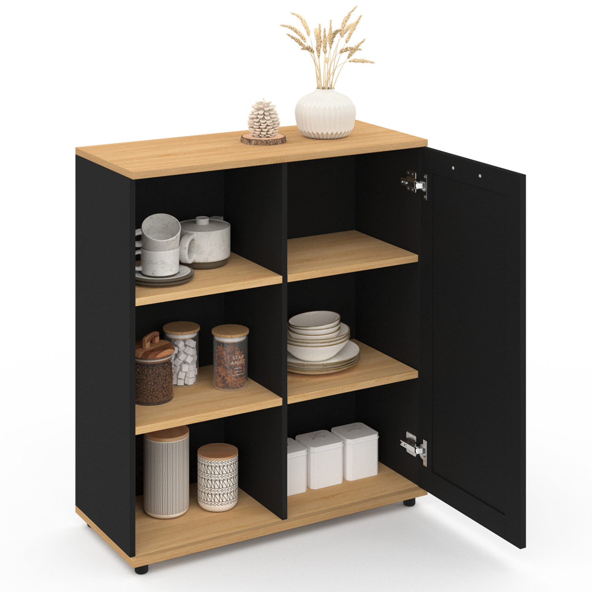 Voir la diapositive 4 : ID MARKET Buffet d'appoint 70 cm vito 3 étagères et placard noir et plateau bois