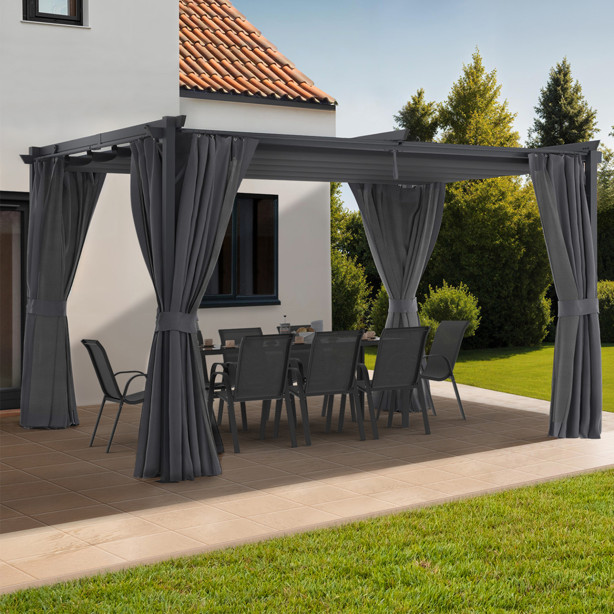 Voir la diapositive 4 : ID MARKET Pergola édition intégrale moustiquaire toit rétractable 3x4m et 4 rideaux gris