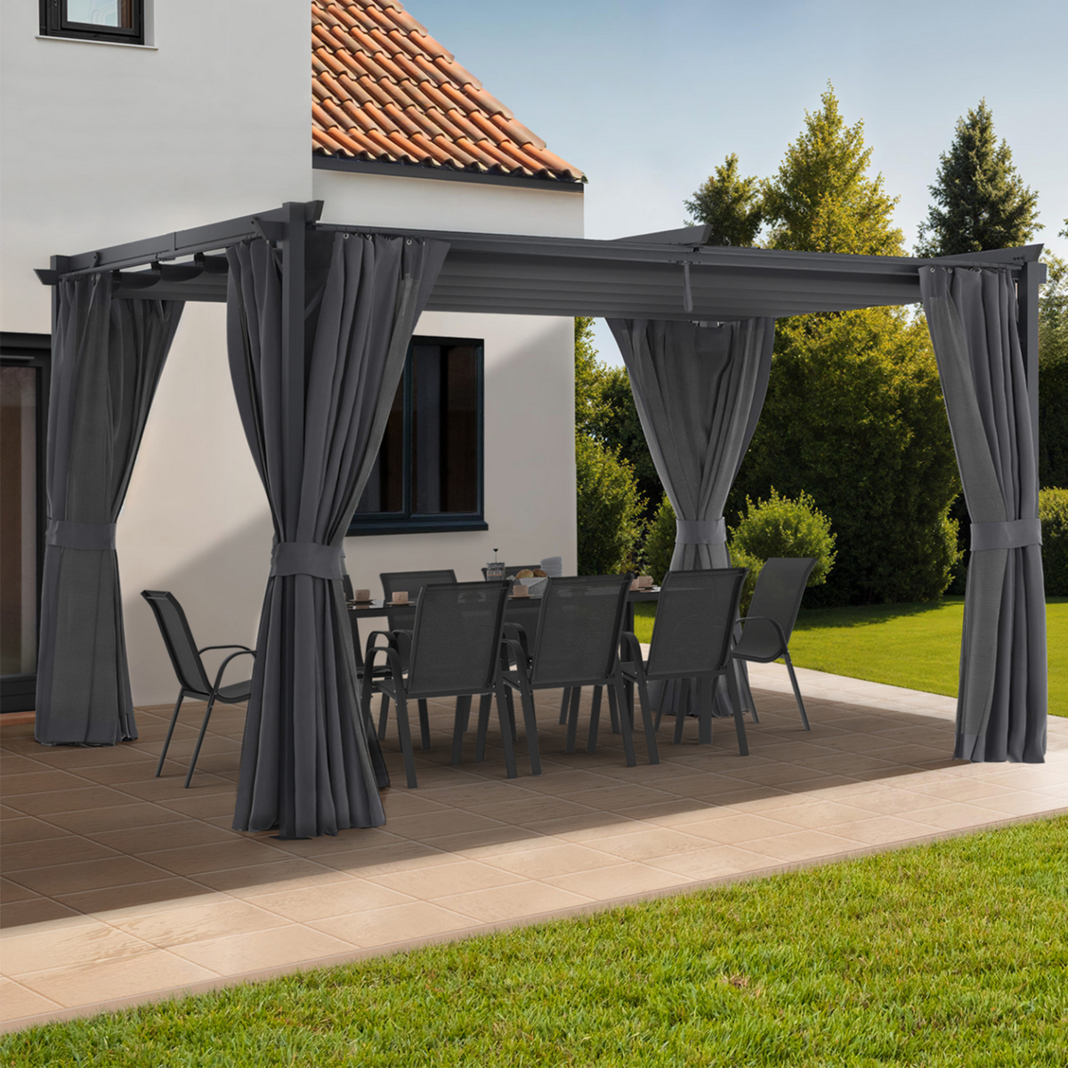 ID MARKET Pergola édition intégrale moustiquaire toit rétractable 3x4M et 4 rideaux gris