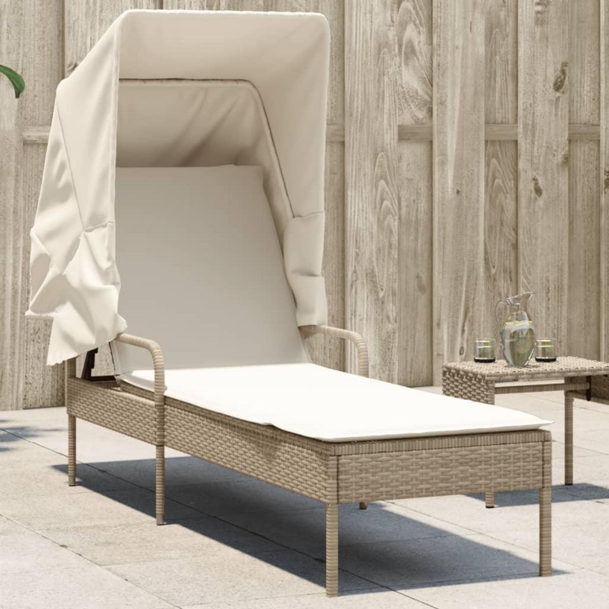 VIDAXL Chaise longue avec auvent beige resine tressee
