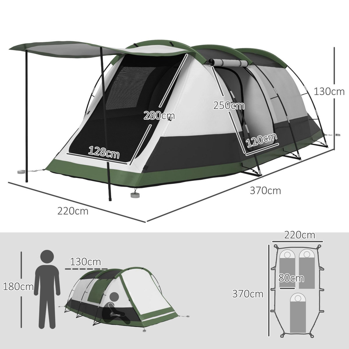 OUTSUNNY Tente de camping familiale 3-4 pers. - tente tunnel porche étanche 2000 mm - sac de transport inclus - gris
