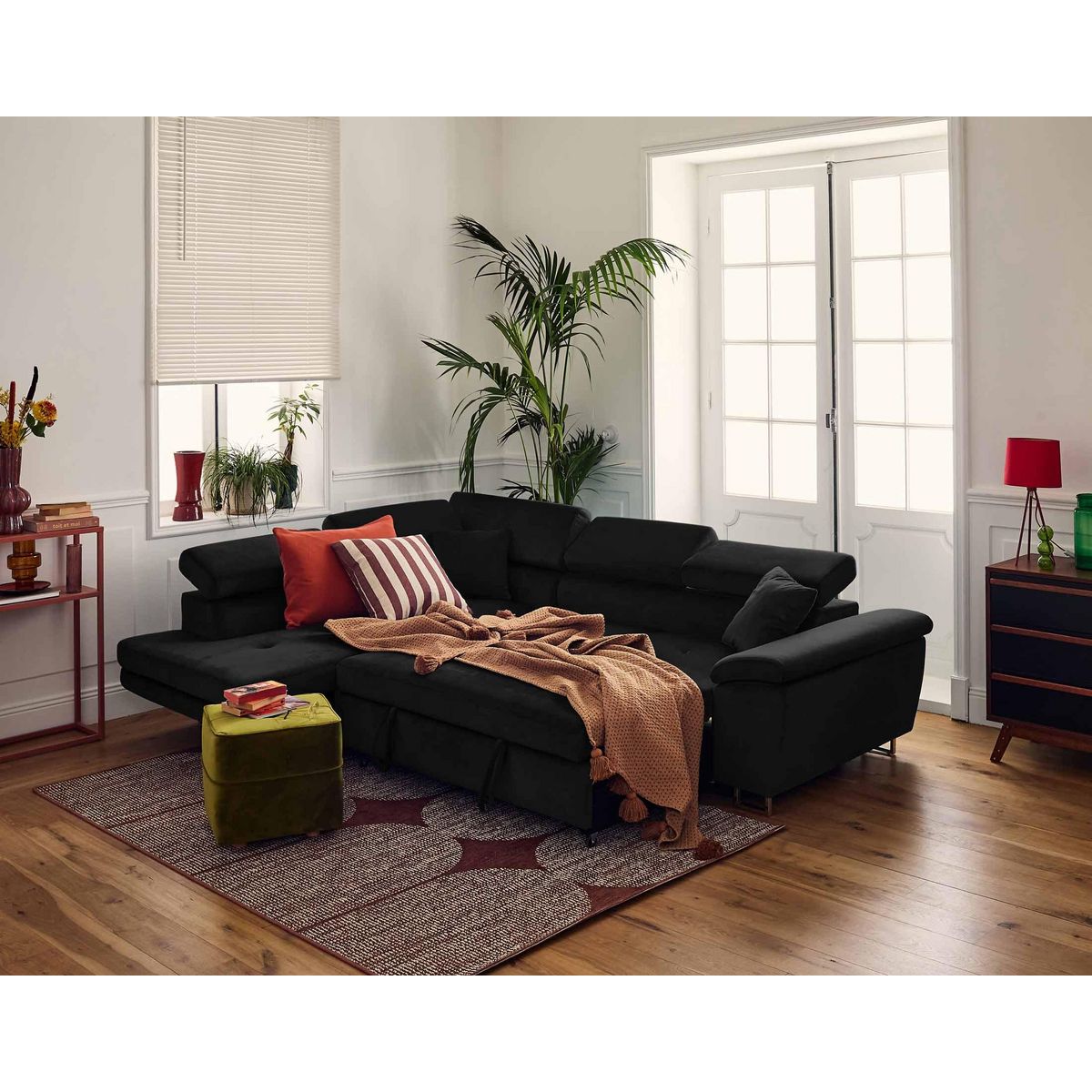 BEST MOBILIER Dimas - canapé d'angle gauche 5 places - convertible avec coffre et têtières réglables - en velours