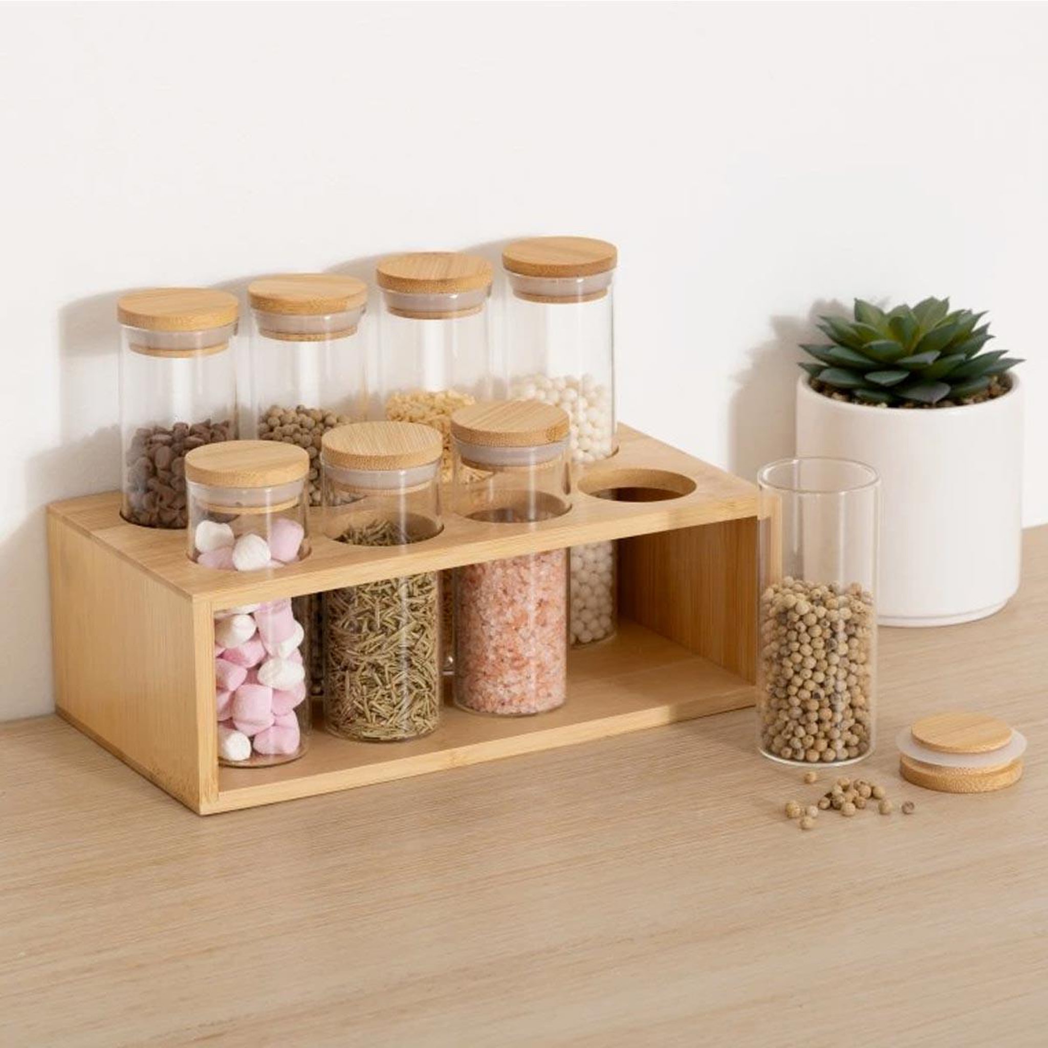 Voir la diapositive 4 : FIVE Présentoir à épices en bambou  8 pots  22cm naturel