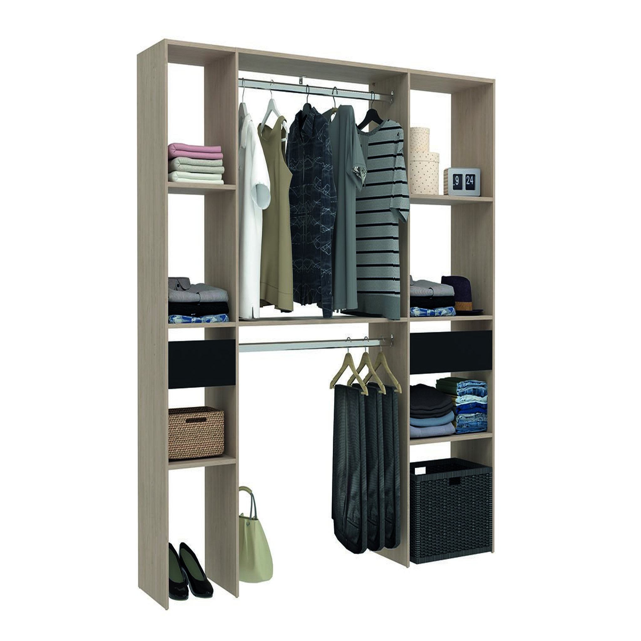 Voir la diapositive 2 : CONCEPT USINE Dressing bois avec 2 penderies 6 étagères et 2 tiroirs elysee