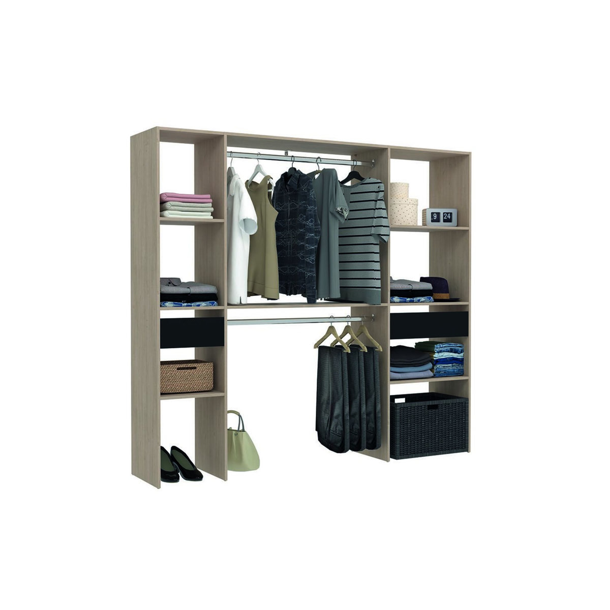 CONCEPT USINE Dressing bois avec 2 penderies, 6 étagères et 2 tiroirs ELYSEE