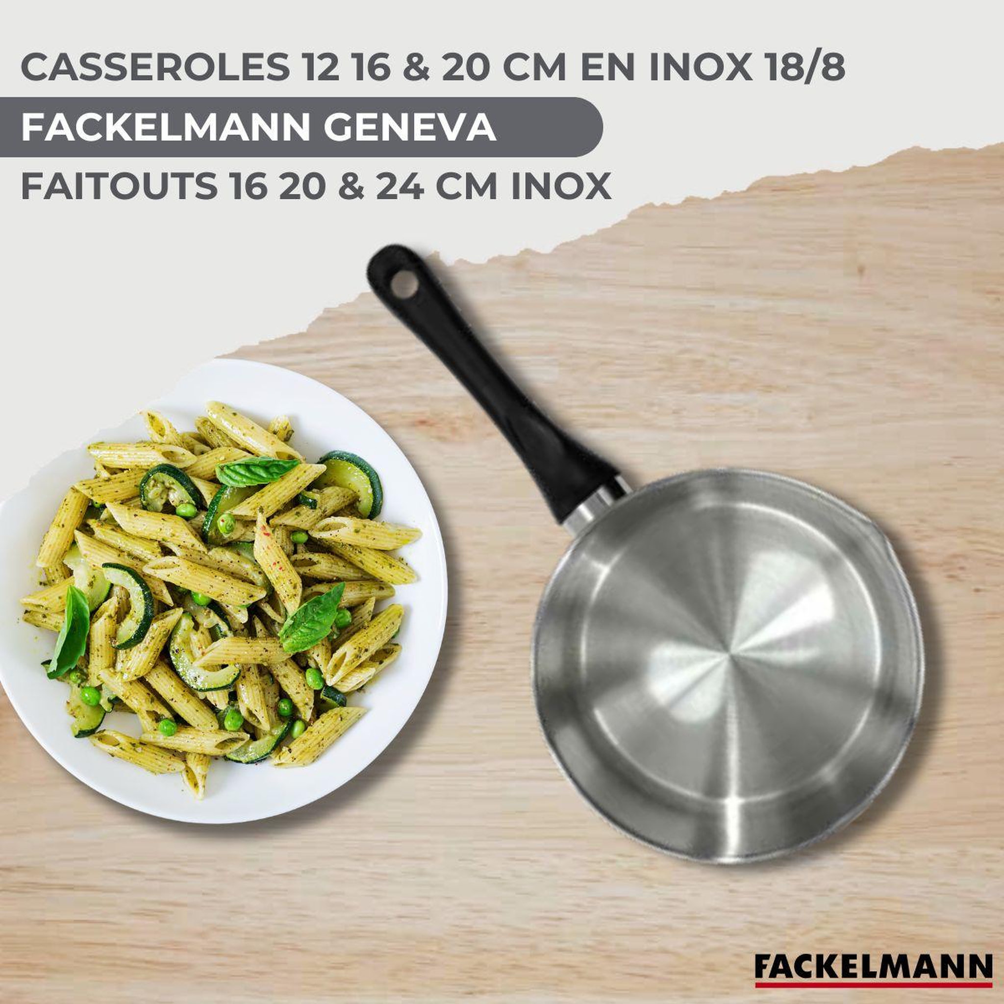 Voir la diapositive 2 : Fackelmann Batterie de cuisine avec 3 casseroles 12/16/20 cm et 3 faitouts 16/20/24 cm avec 6 ustensiles de cuisine sans pfas fackelmann généva brillant oxford