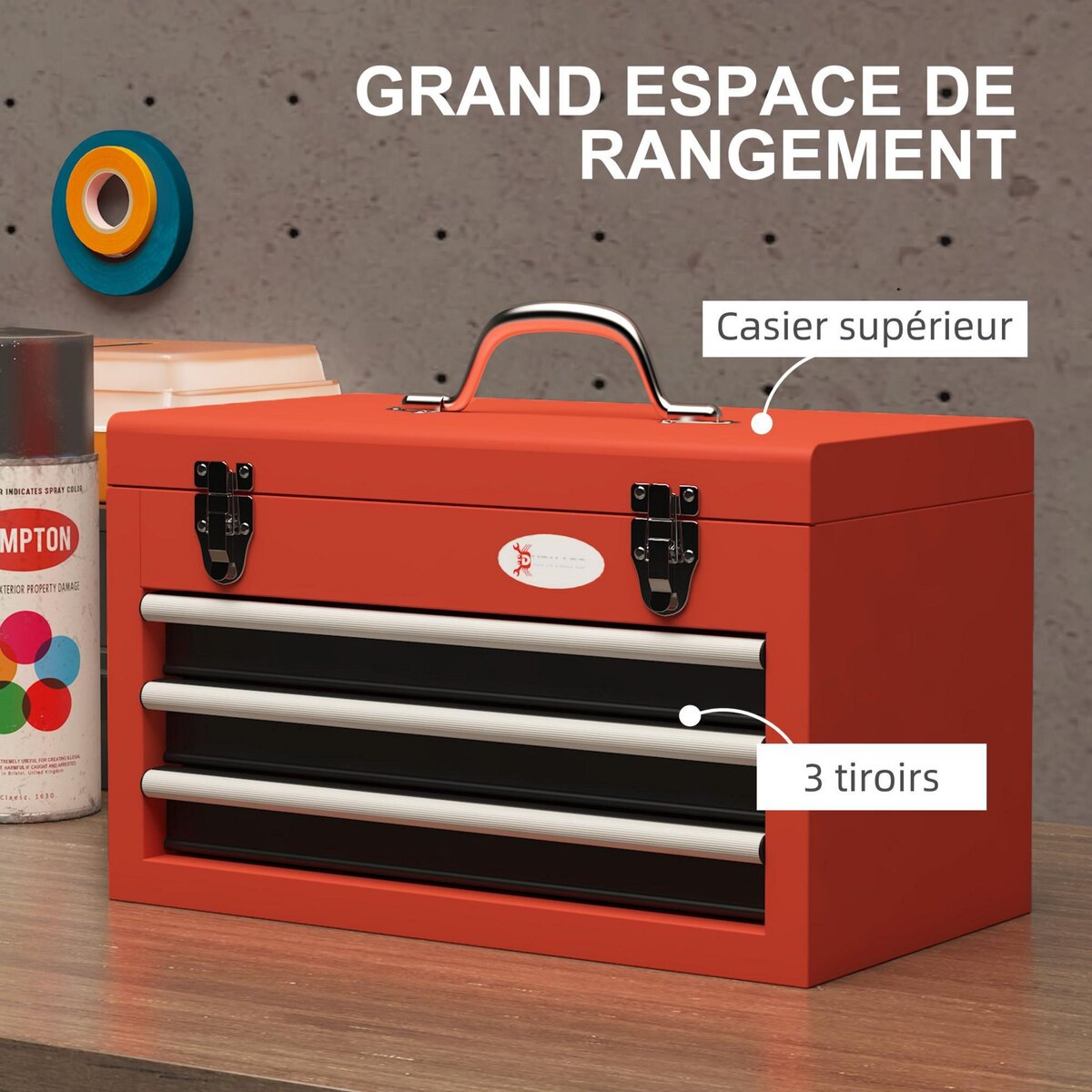 HOMCOM Boite à outils métallique caisse à outils 3 tiroirs + plateau tapis EVA poignée tôle acier rouge noir