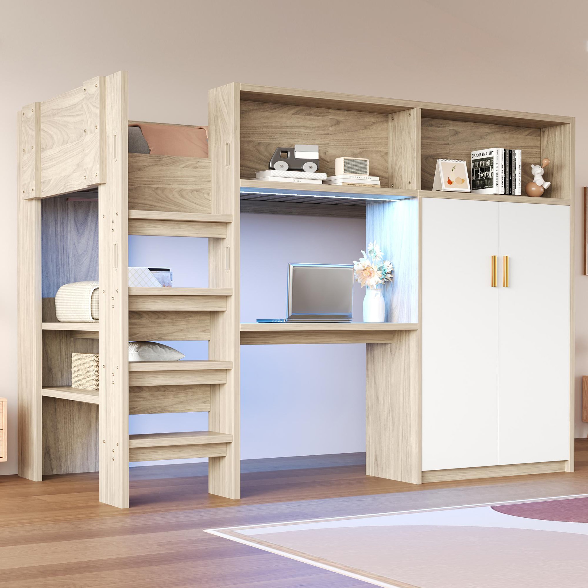 Voir la diapositive 2 : MERAX Lit mezzanine 90x200 cm coloris naturel led mdf