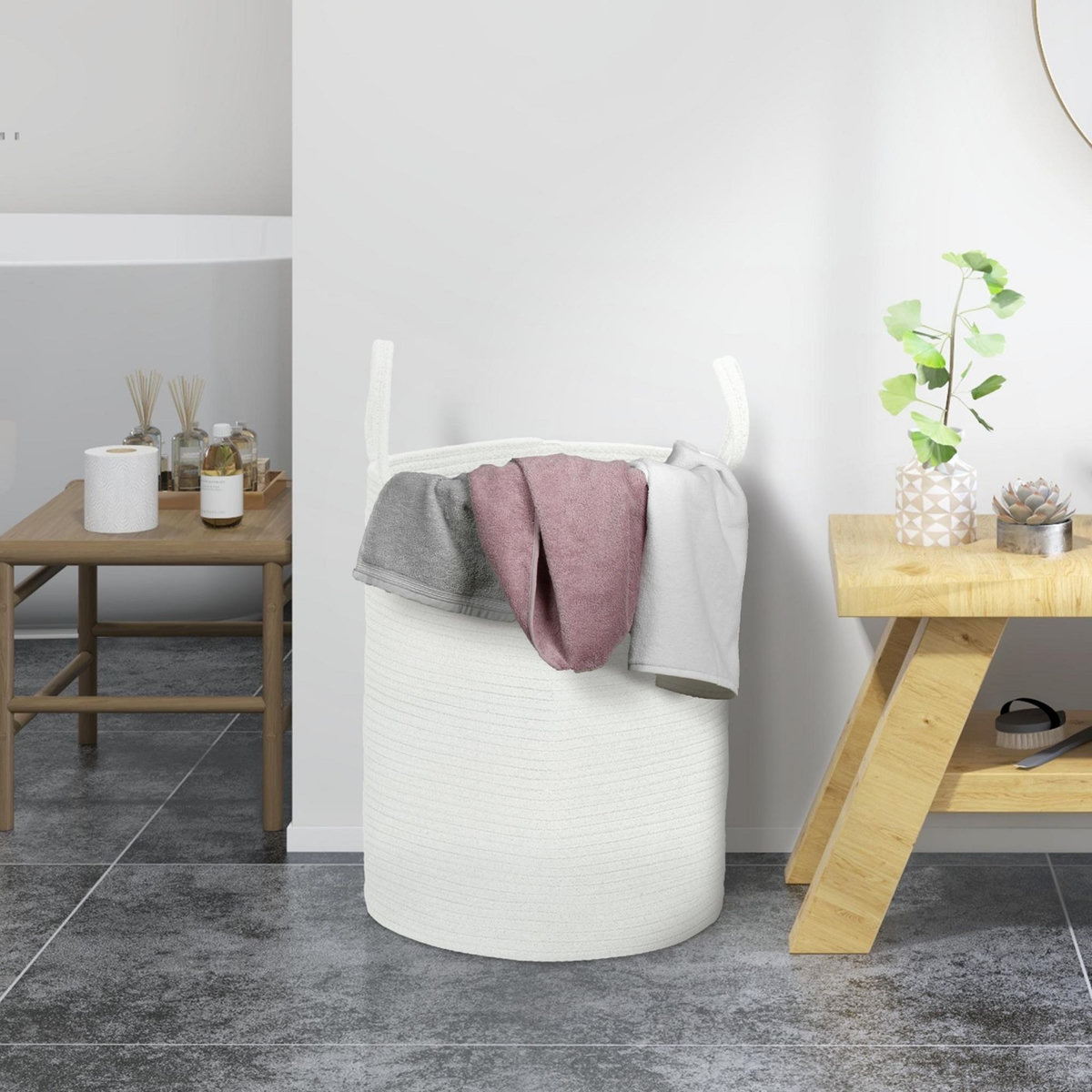 HOMCOM Panier à linge 36L corbeille à linge pliable portable en coton 2 poignées blanc crème