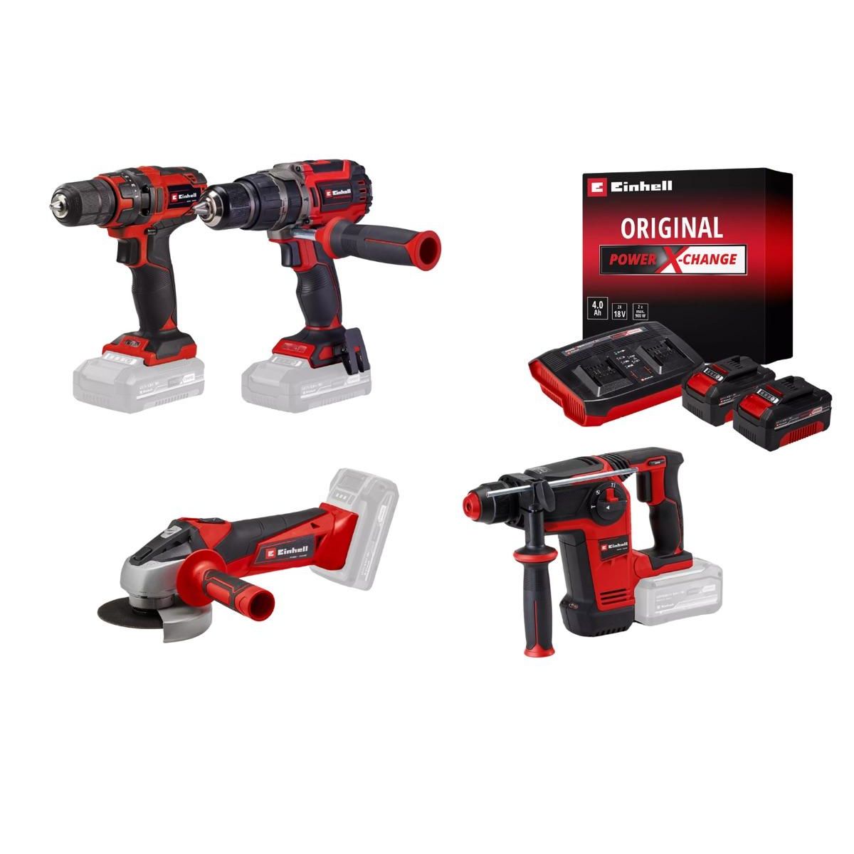 Einhell Kit perçage sans fil Einhell – Perceuses, meuleuse, perforateur + 2 batteries 4.0Ah + chargeur