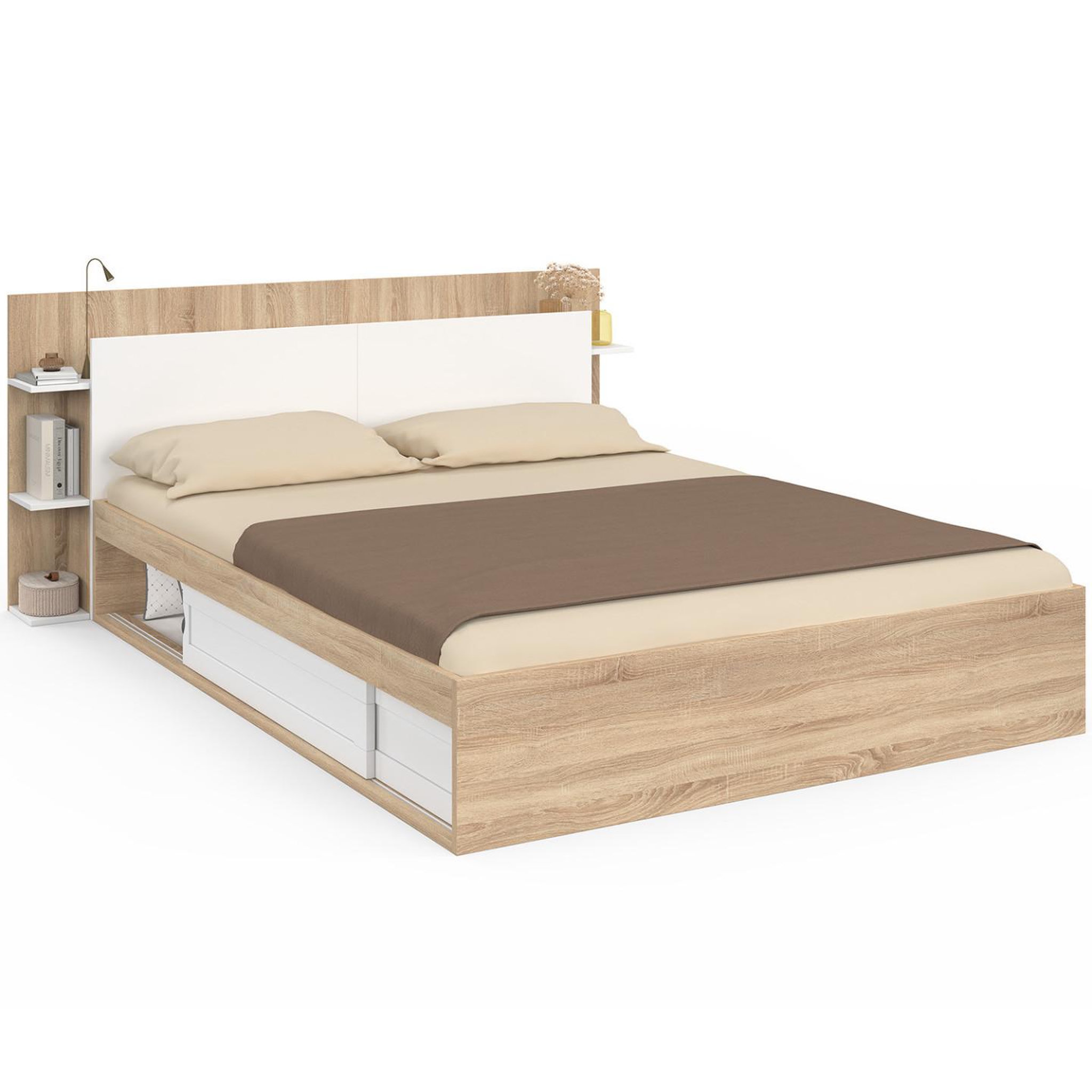 ID MARKET Lit double sari avec rangements, sommier et tête de lit 140 x 190 cm bois et blanc