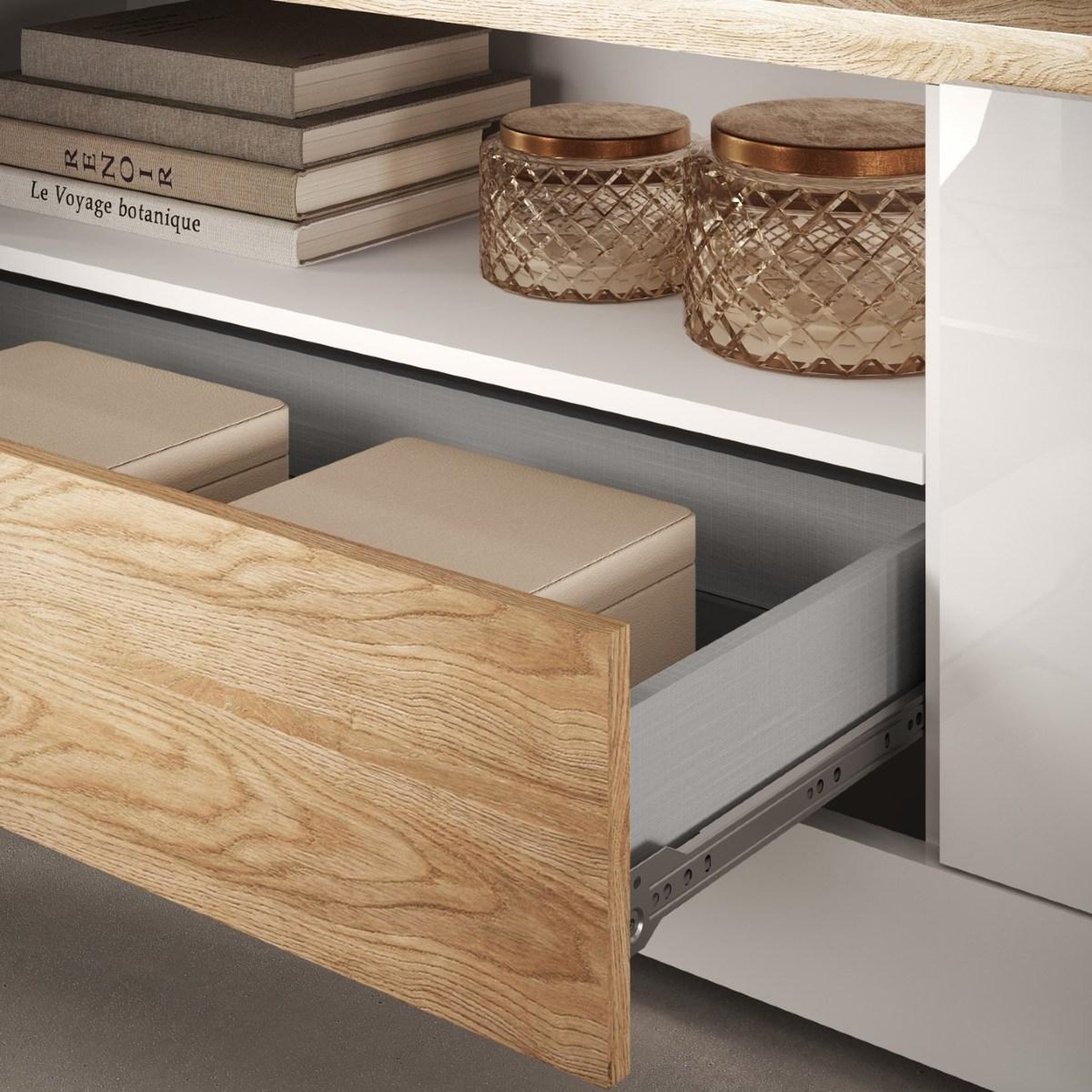 Voir la diapositive 5 : JLC KREATION Meuble tv moderne laqué blanc et bois + led 210cm aria