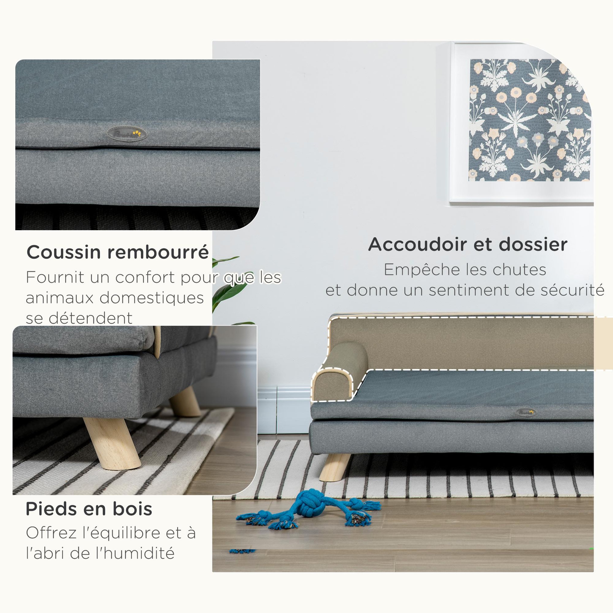 Voir la diapositive 6 : PAWHUT Canapé chien lit pour chien design scandinave coussin moelleux piètement bois dim. 100L x 62l x 32H cm polyester gris