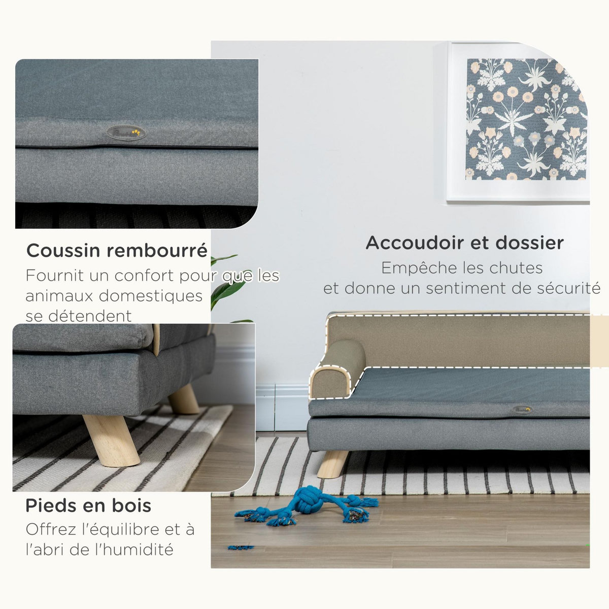 PAWHUT Canapé chien lit pour chien design scandinave coussin moelleux piètement bois dim. 100L x 62l x 32H cm polyester gris