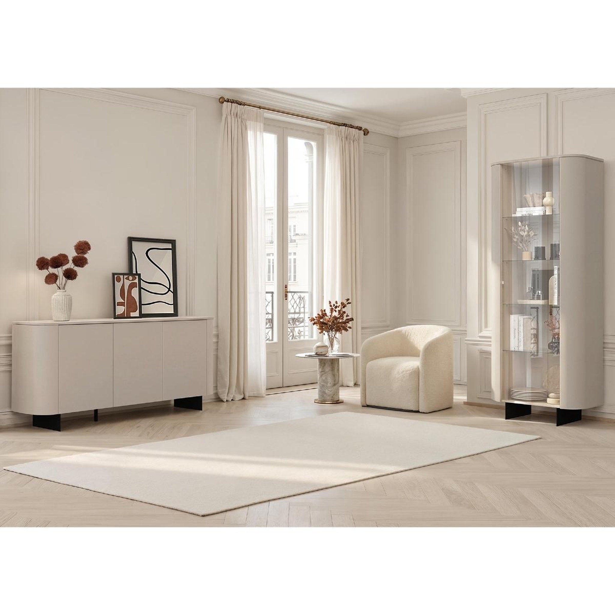 Voir la diapositive 4 : JLC KREATION Buffet bas arrondi 3 portes beige cachemire 180cm isabela