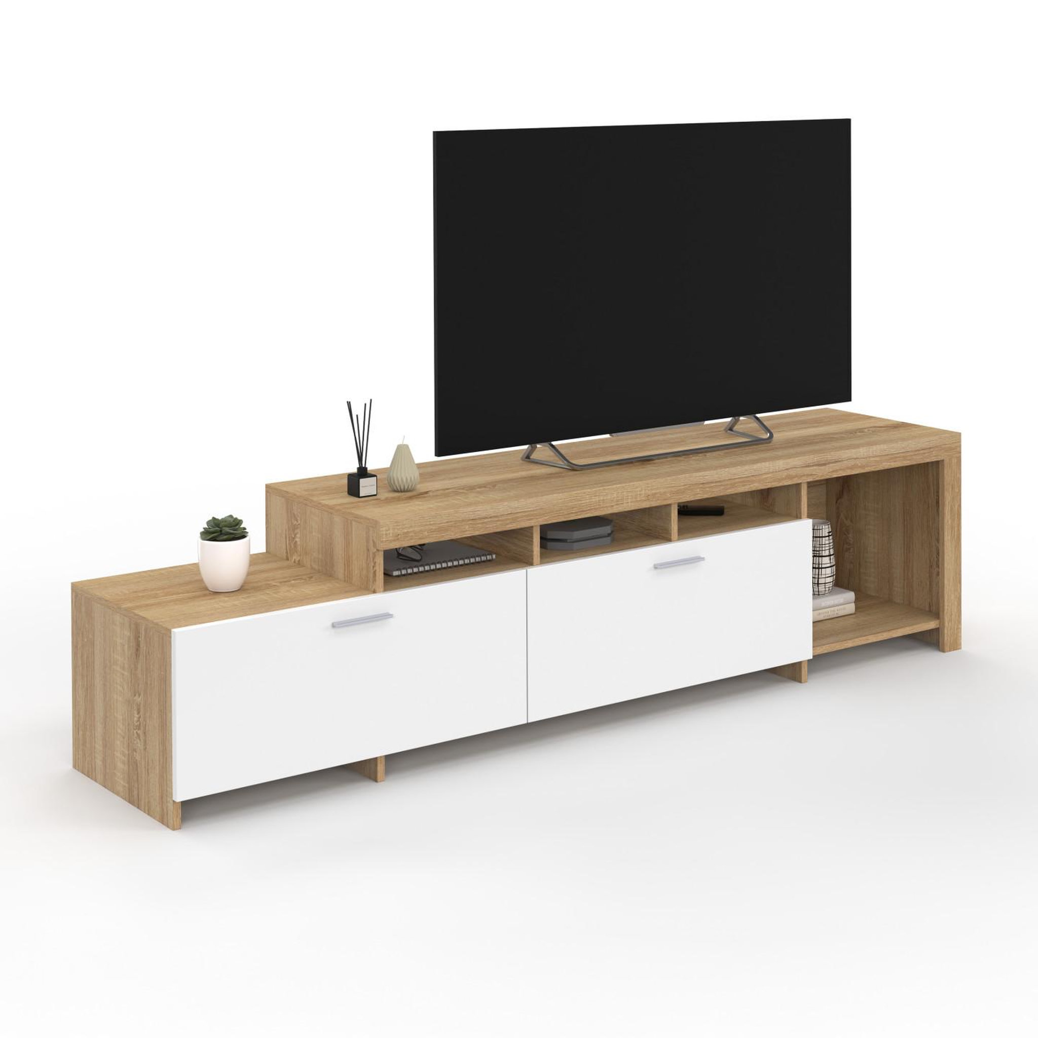 ID MARKET Meuble tv  180 cm malo  bois et placards blancs