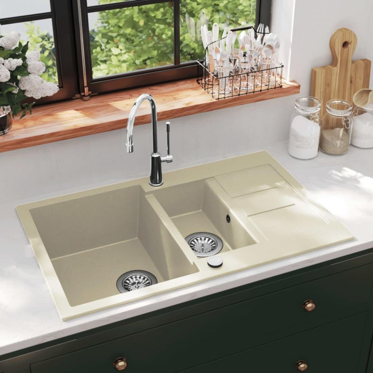 VIDAXL Evier de cuisine Granit Double lavabo Beige