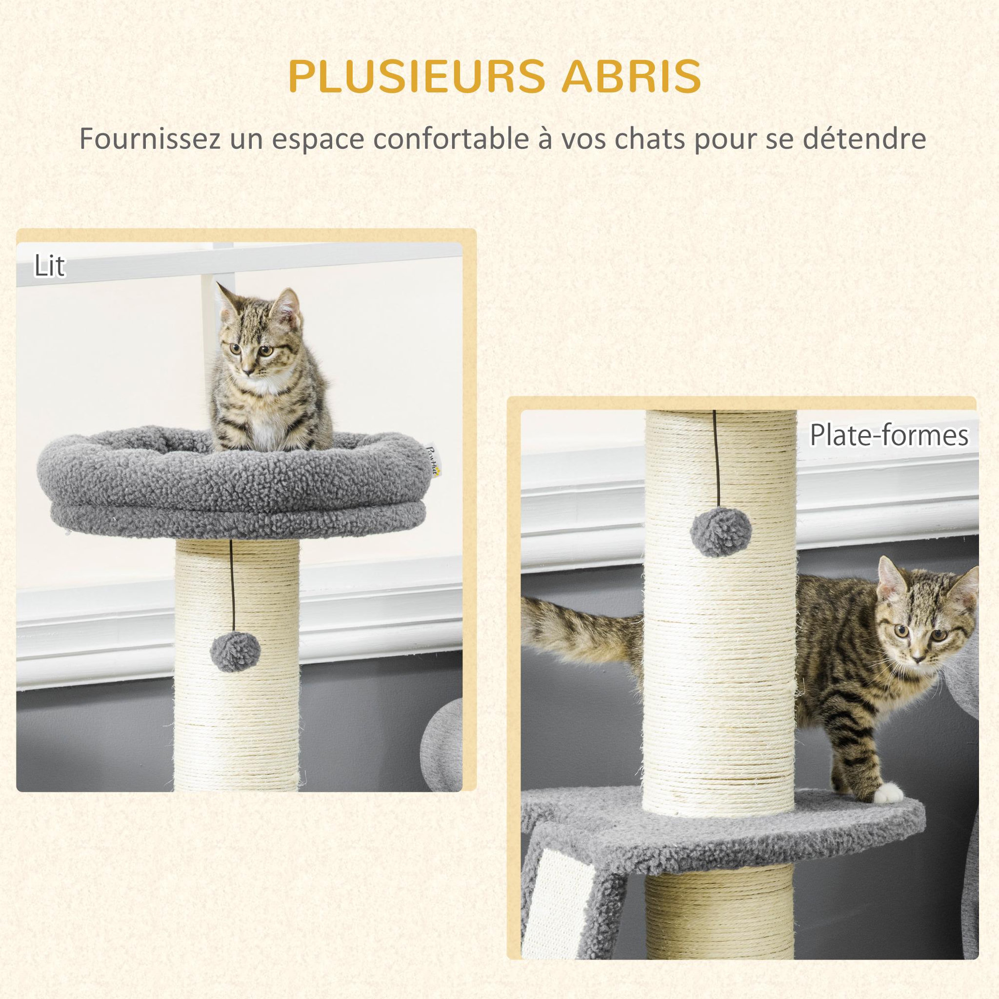 Voir la diapositive 4 : PAWHUT Arbre à chat 3 griffoirs grattoirs sisal naturel plateforme panier 2 boules suspendues peluche haute densité 220 g/m² gris