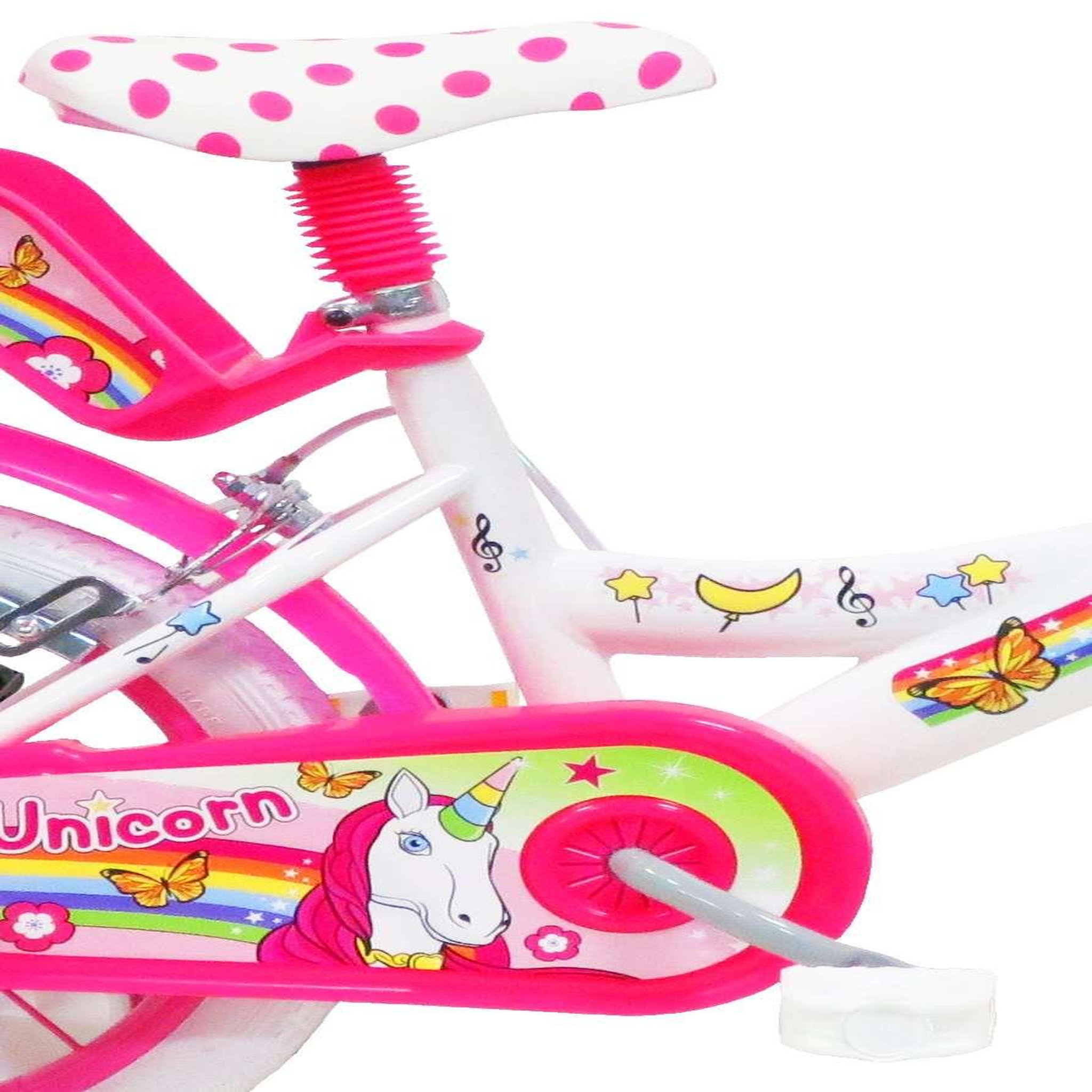 Voir la diapositive 3 : Vélo enfant - Modèle 14'' Fille Licorne / Unicorn pour enfant de 95/110 cm avec stabilisateurs - Panier avant - Porte poupée arrière - 2 freins